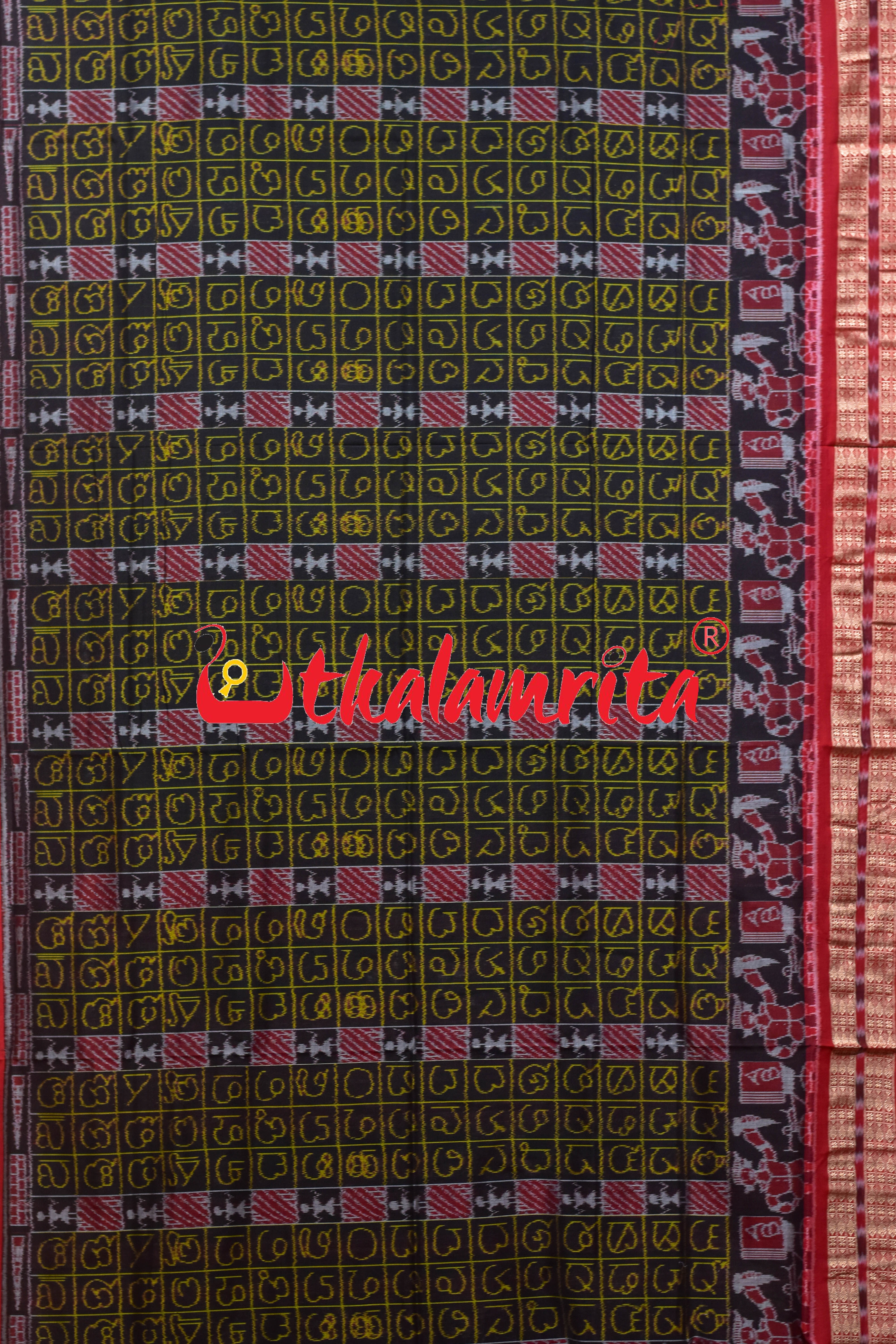 Black Red Odia Alphabets Doll Bandha Sambalpuri Cotton Saree