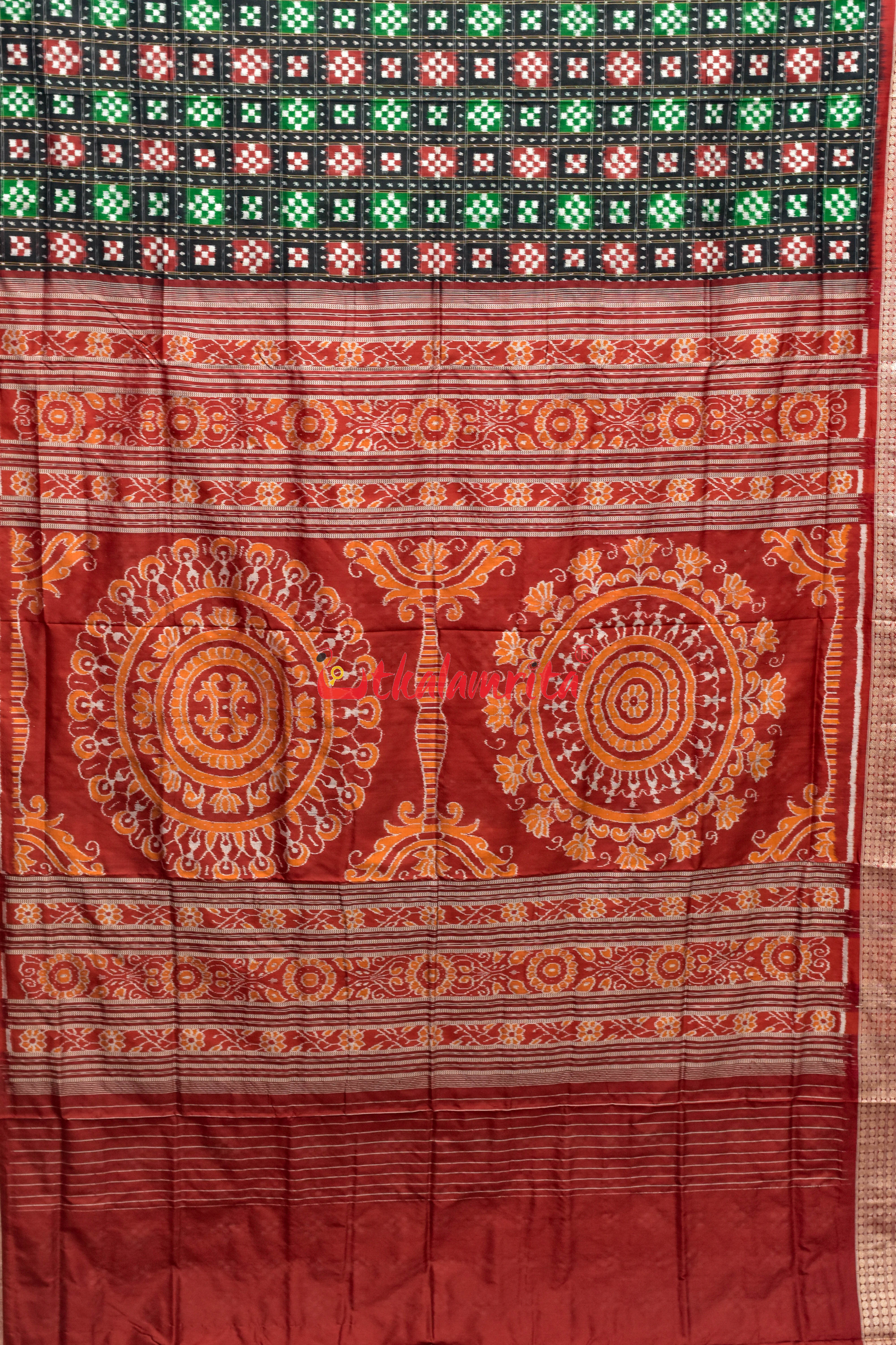 19 Kuthi Red Green Over Black Pasapali Silk Saree