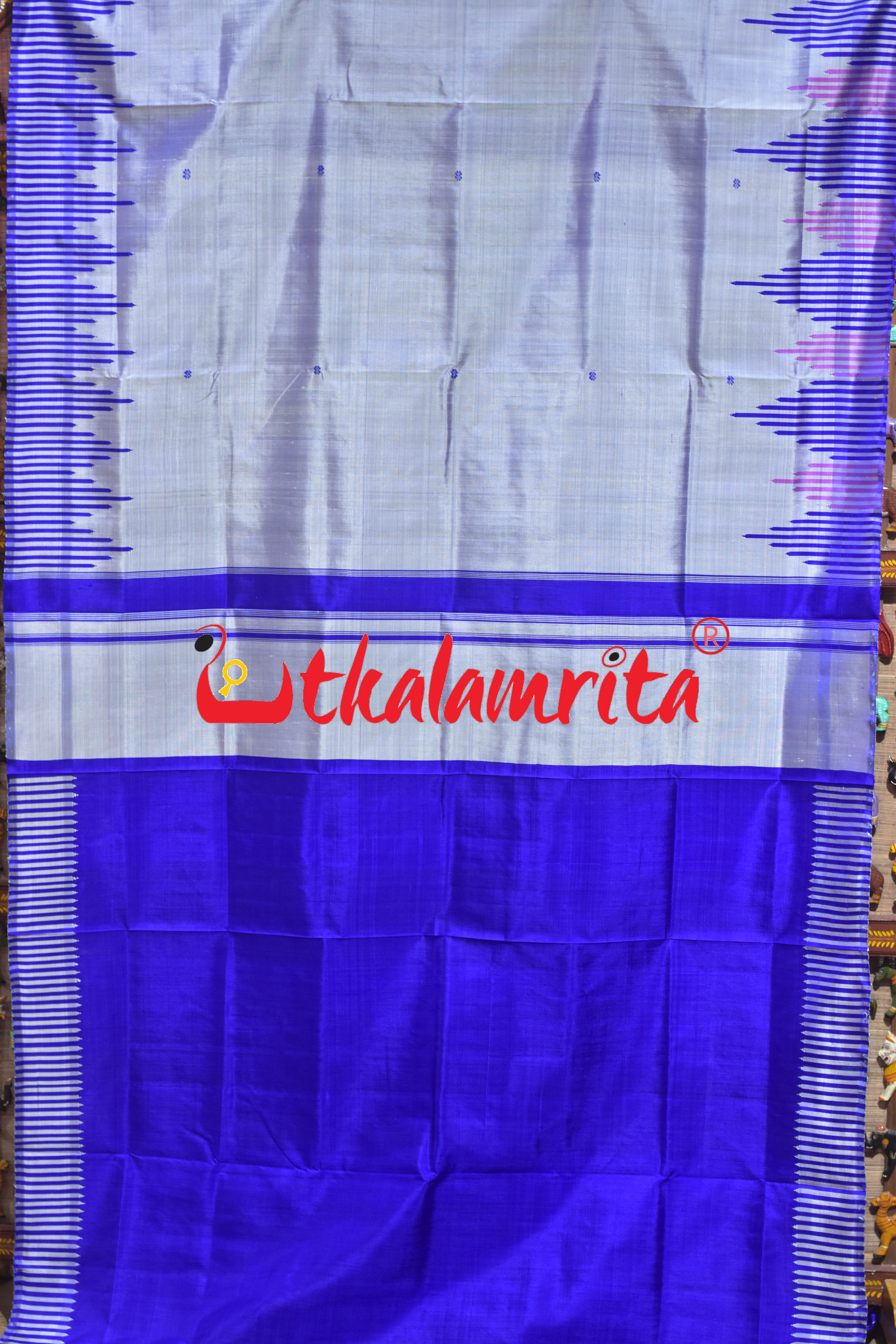 Steel Blue Multi Kumbha Double Anchal Berhampuri Silk Saree
