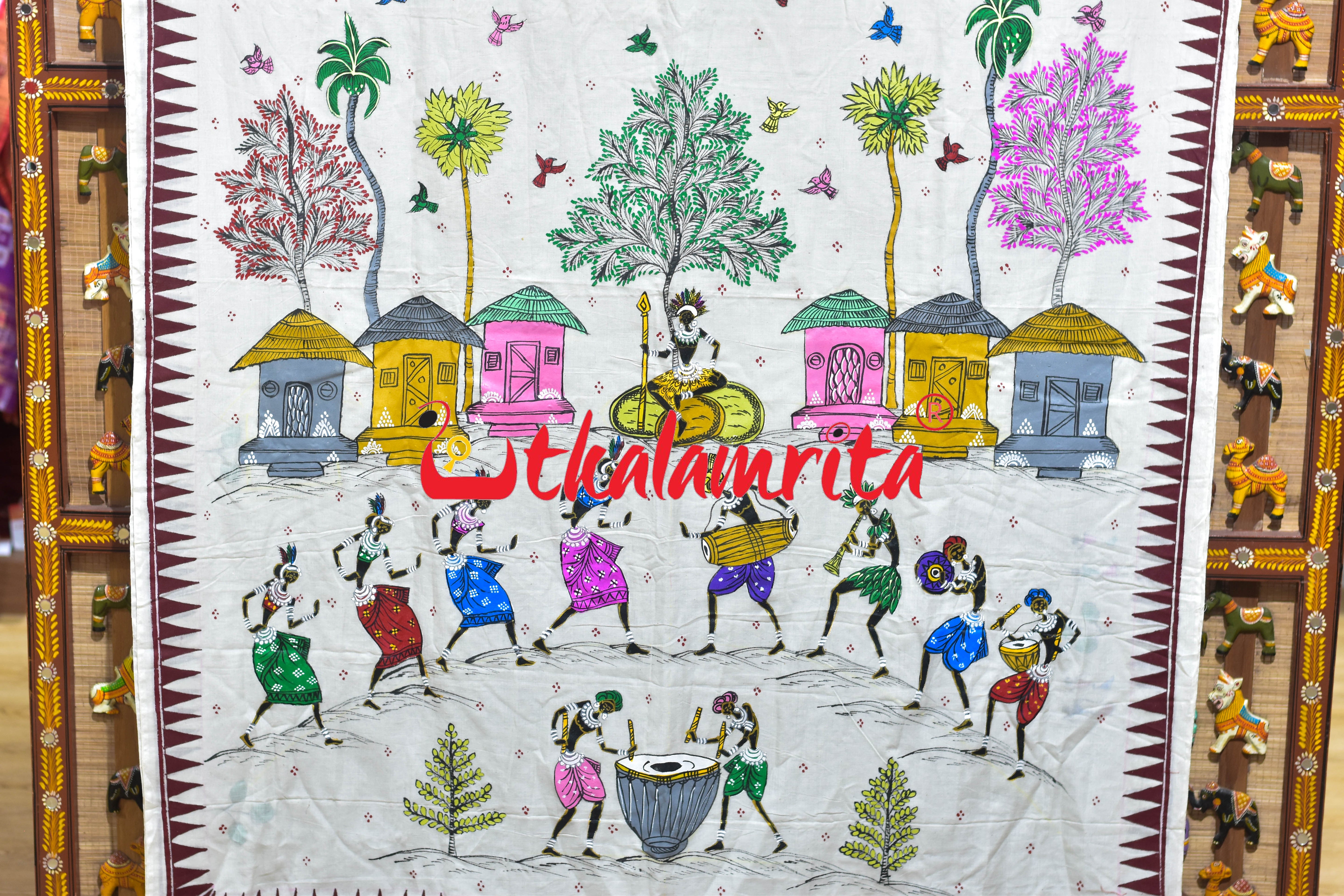 White Big Tribals Pattachitra Cotton Saree