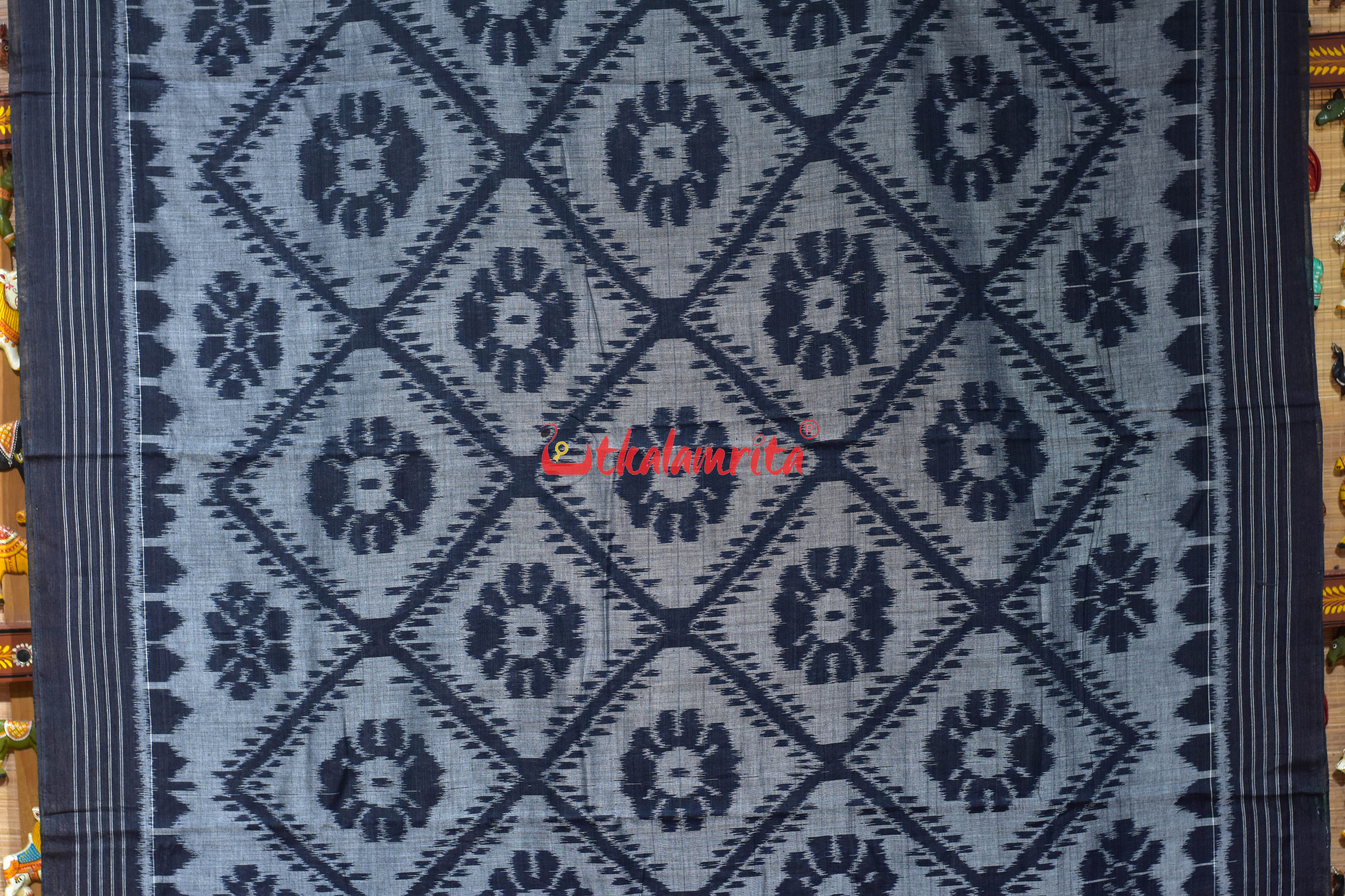 Grey Black Bada Phula Khandua Cotton Saree