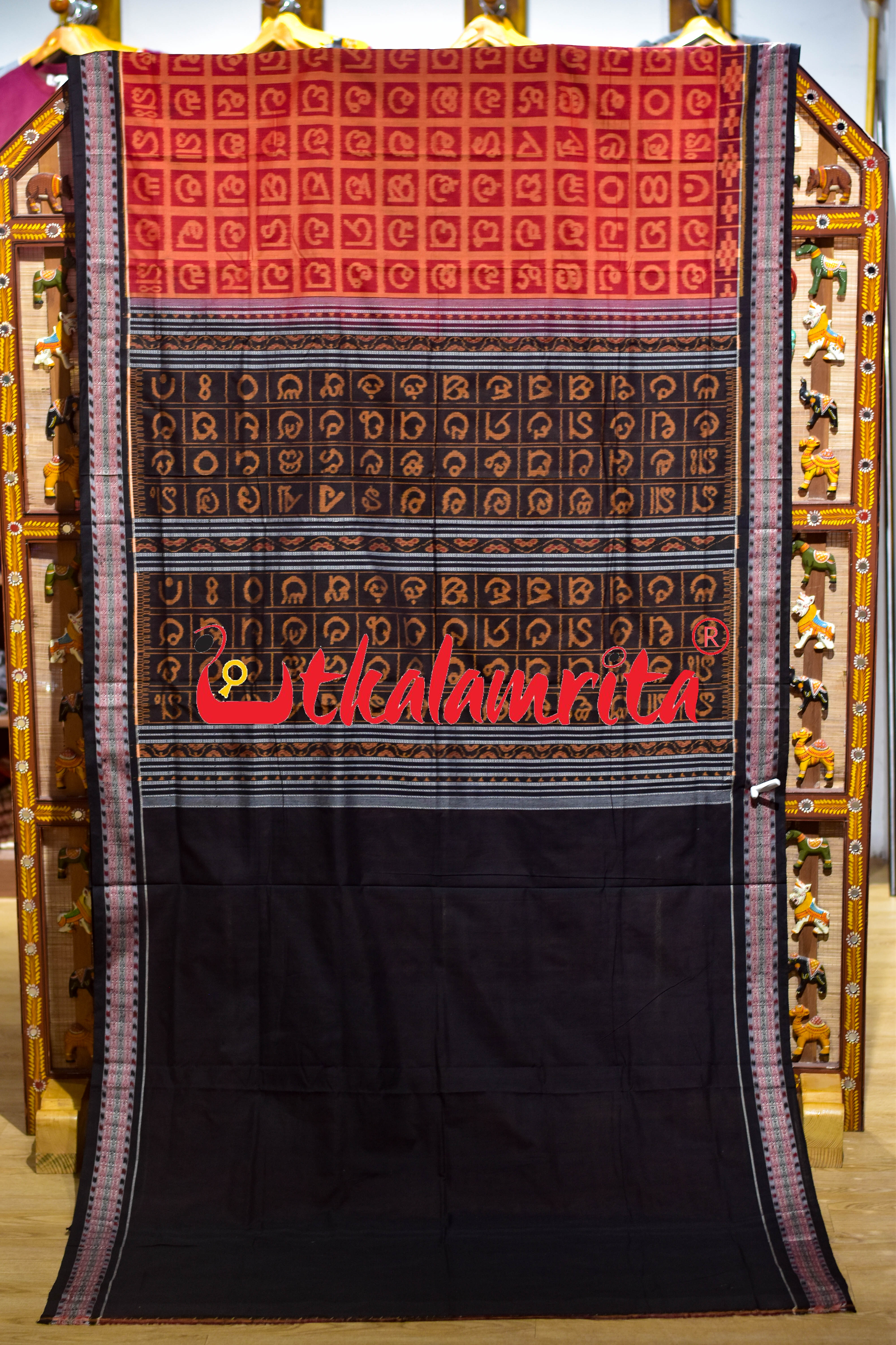 Red Odia Alphabets Sambalpuri Cotton Saree