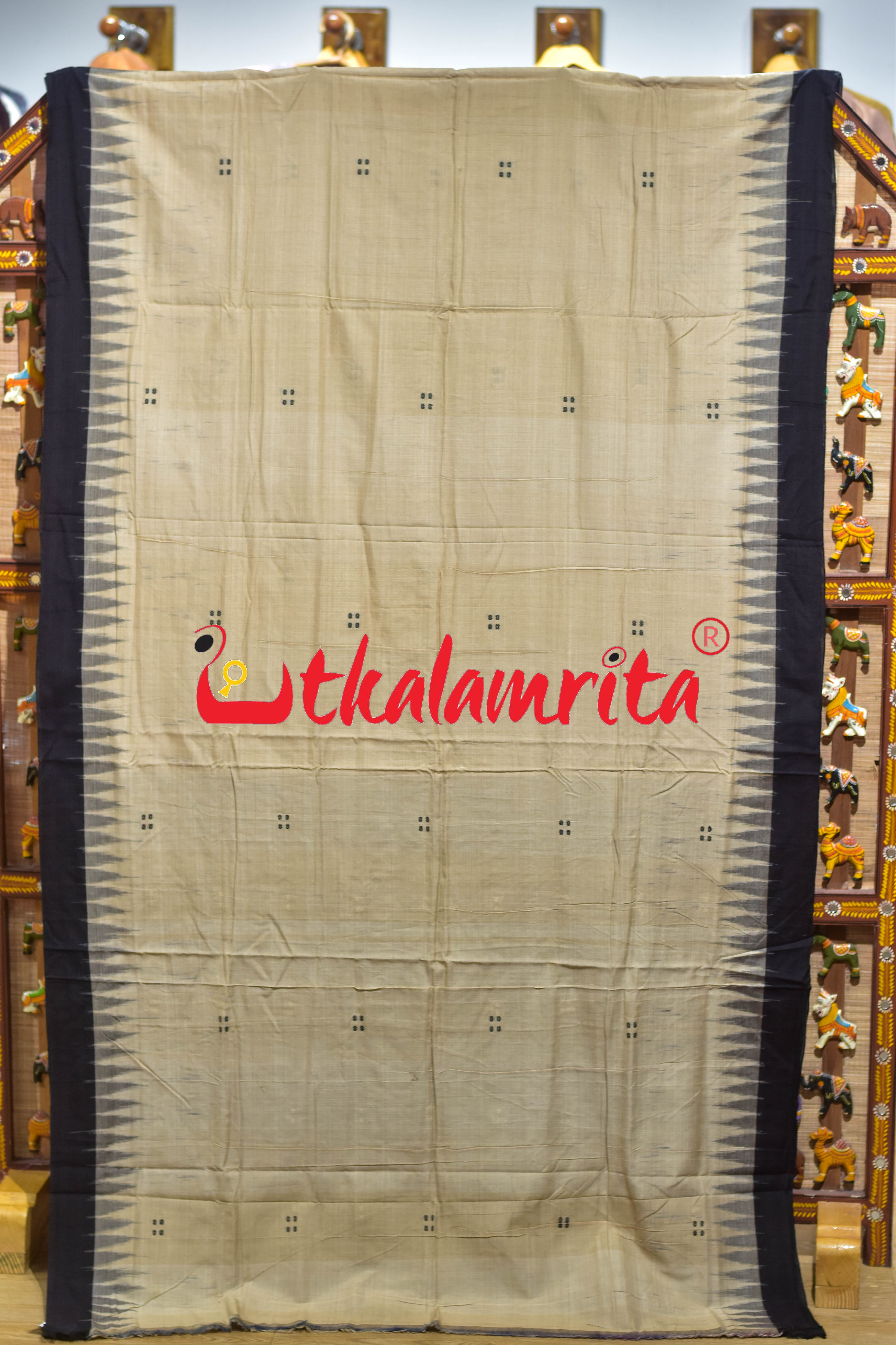 Off White Black Four Buti Khandua Cotton Saree