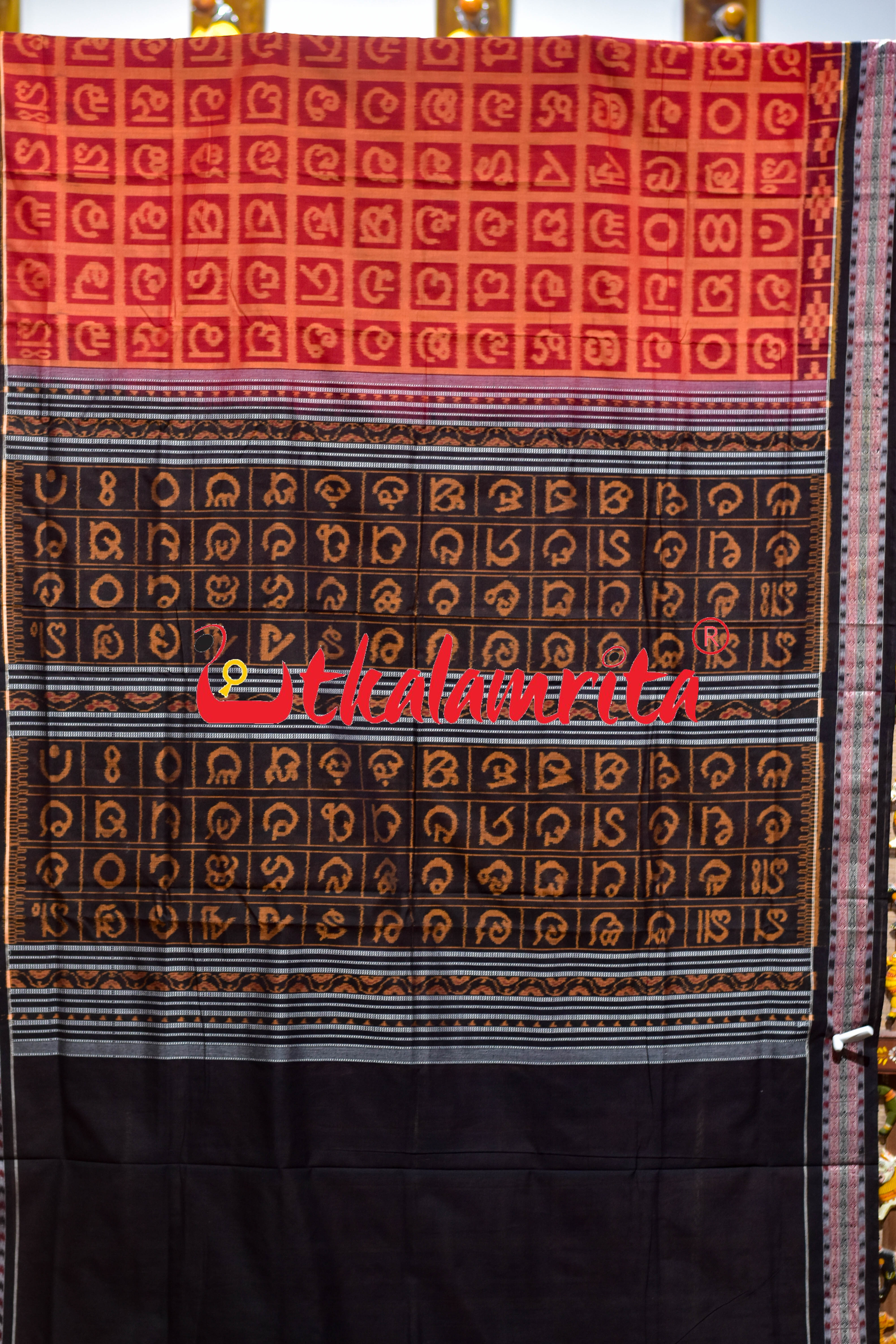 Red Odia Alphabets Sambalpuri Cotton Saree
