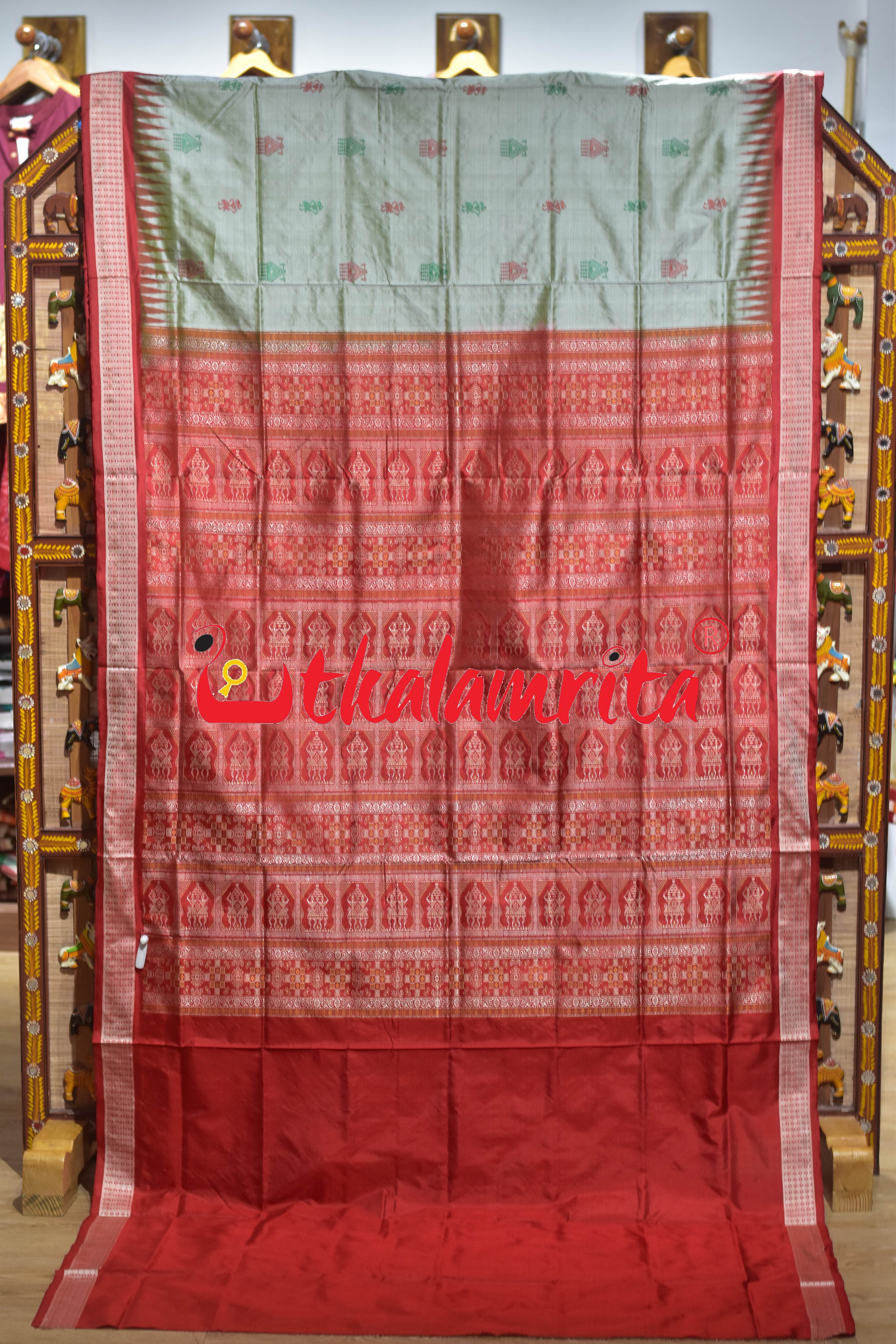 Grey Red Tribal Doll Bomkai Silk Saree