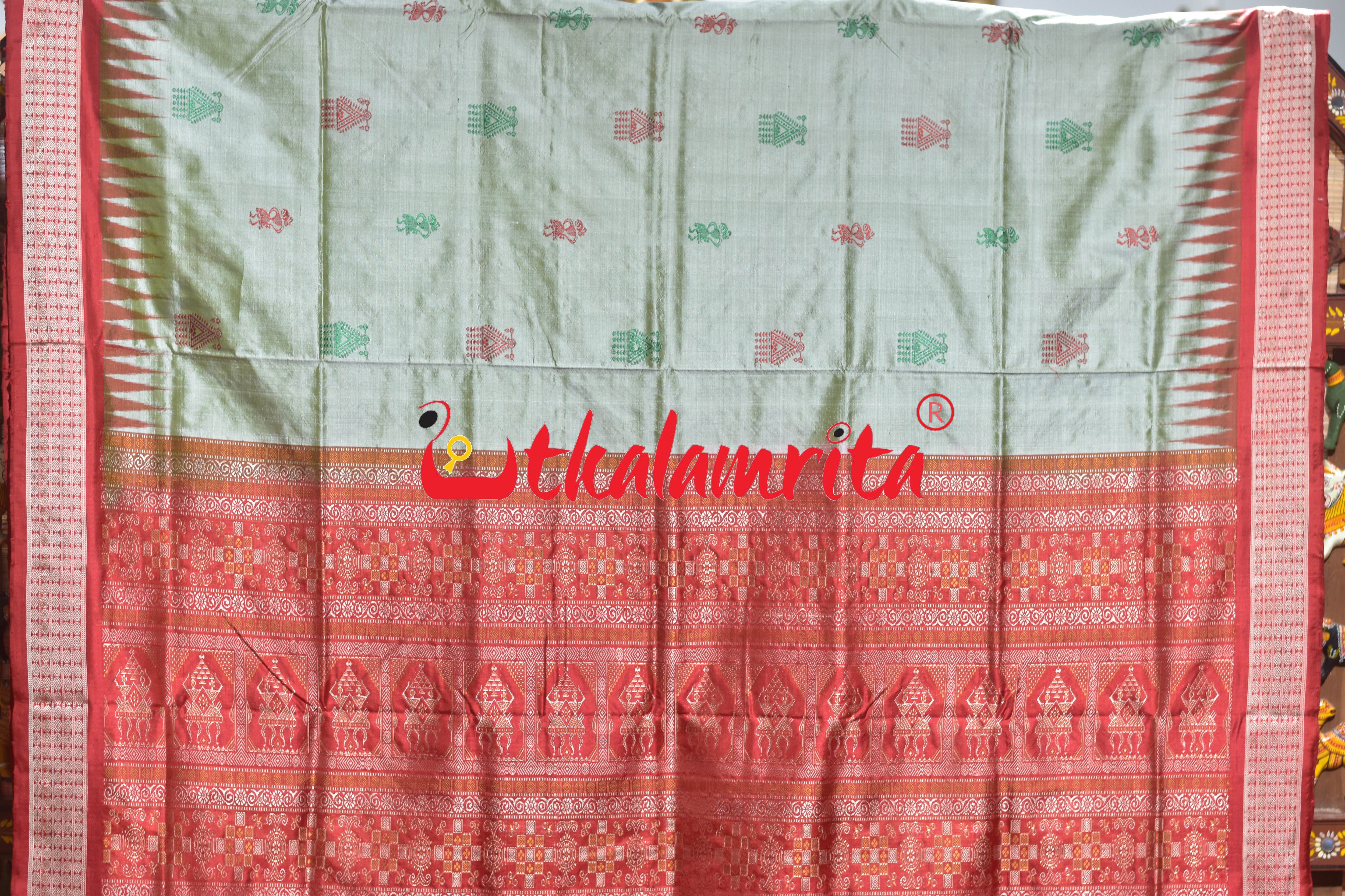 Grey Red Tribal Doll Bomkai Silk Saree