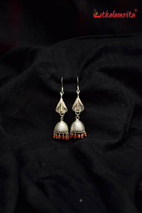 Long Silver Jhumka Dangler with Orange Beads