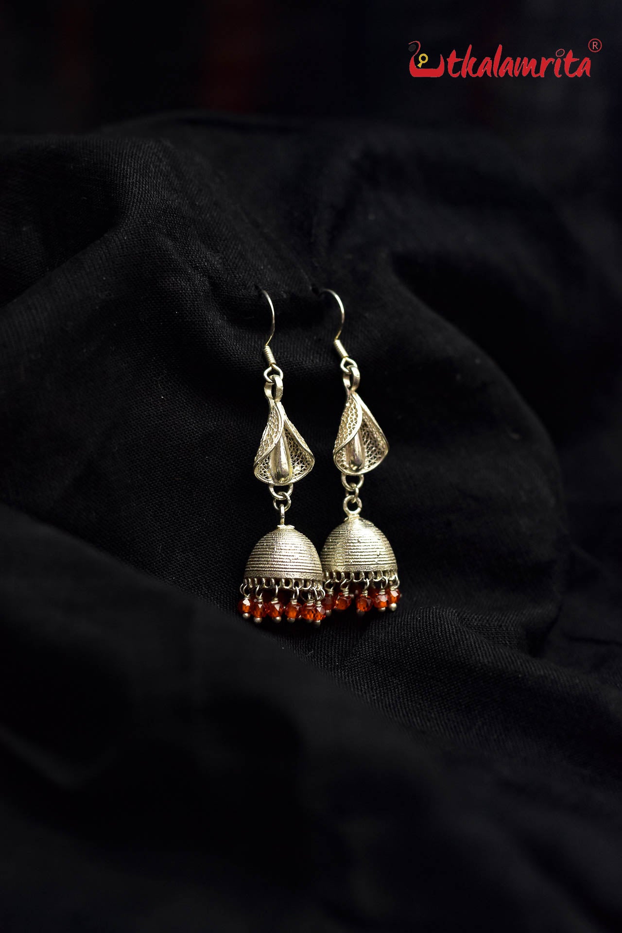 Long Silver Jhumka Dangler with Orange Beads