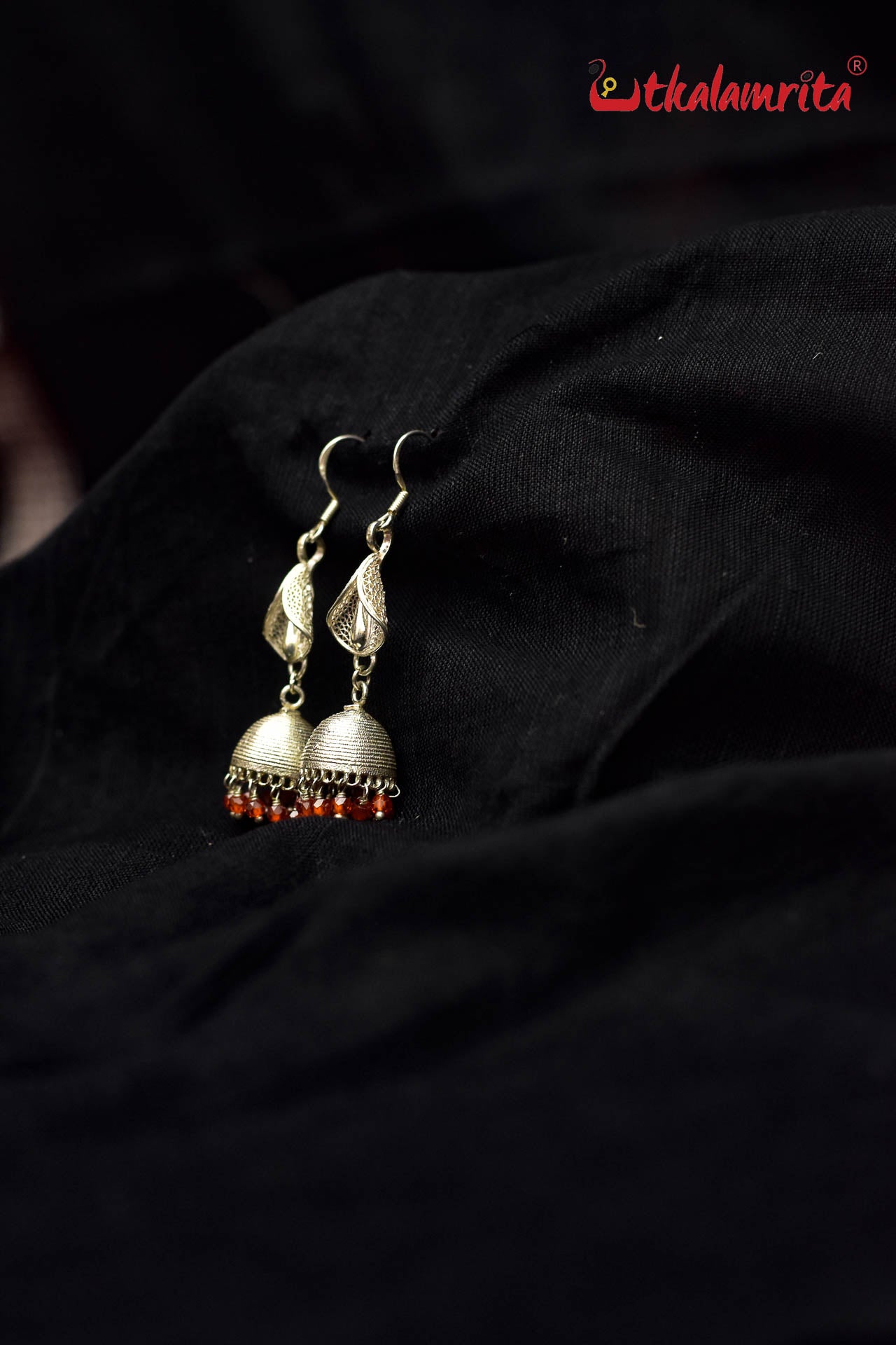 Long Silver Jhumka Dangler with Orange Beads