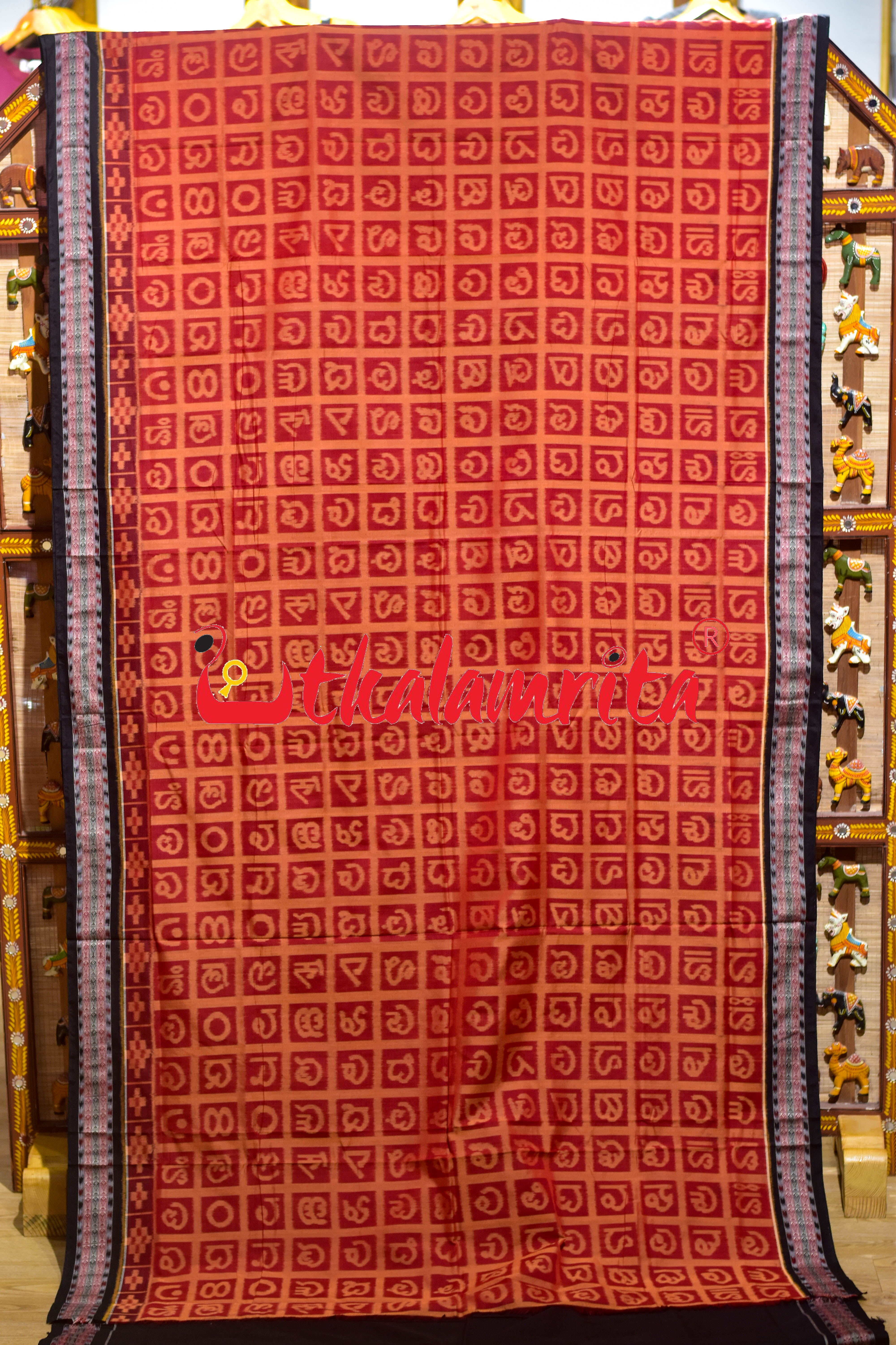 Red Odia Alphabets Sambalpuri Cotton Saree