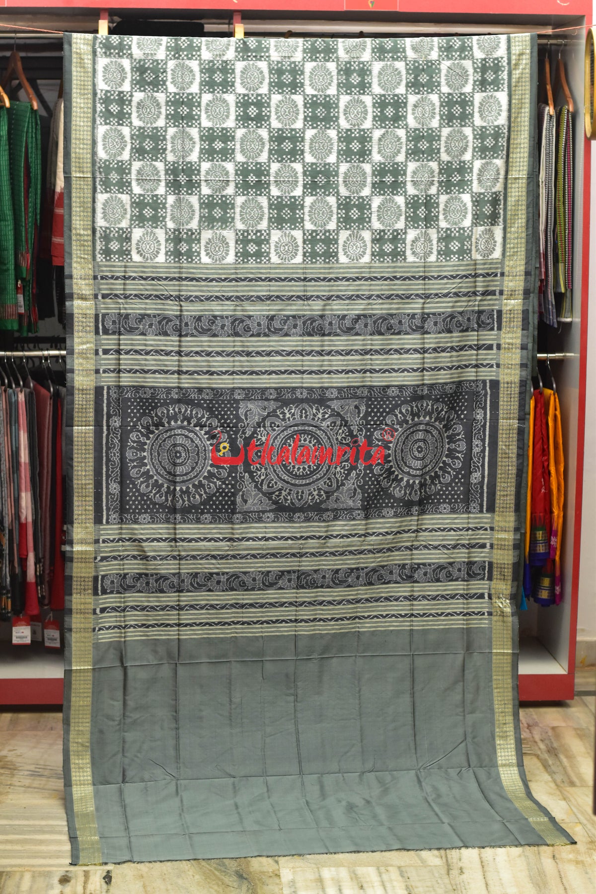 Chrome Grey Pasapali Sambalpuri Silk Saree