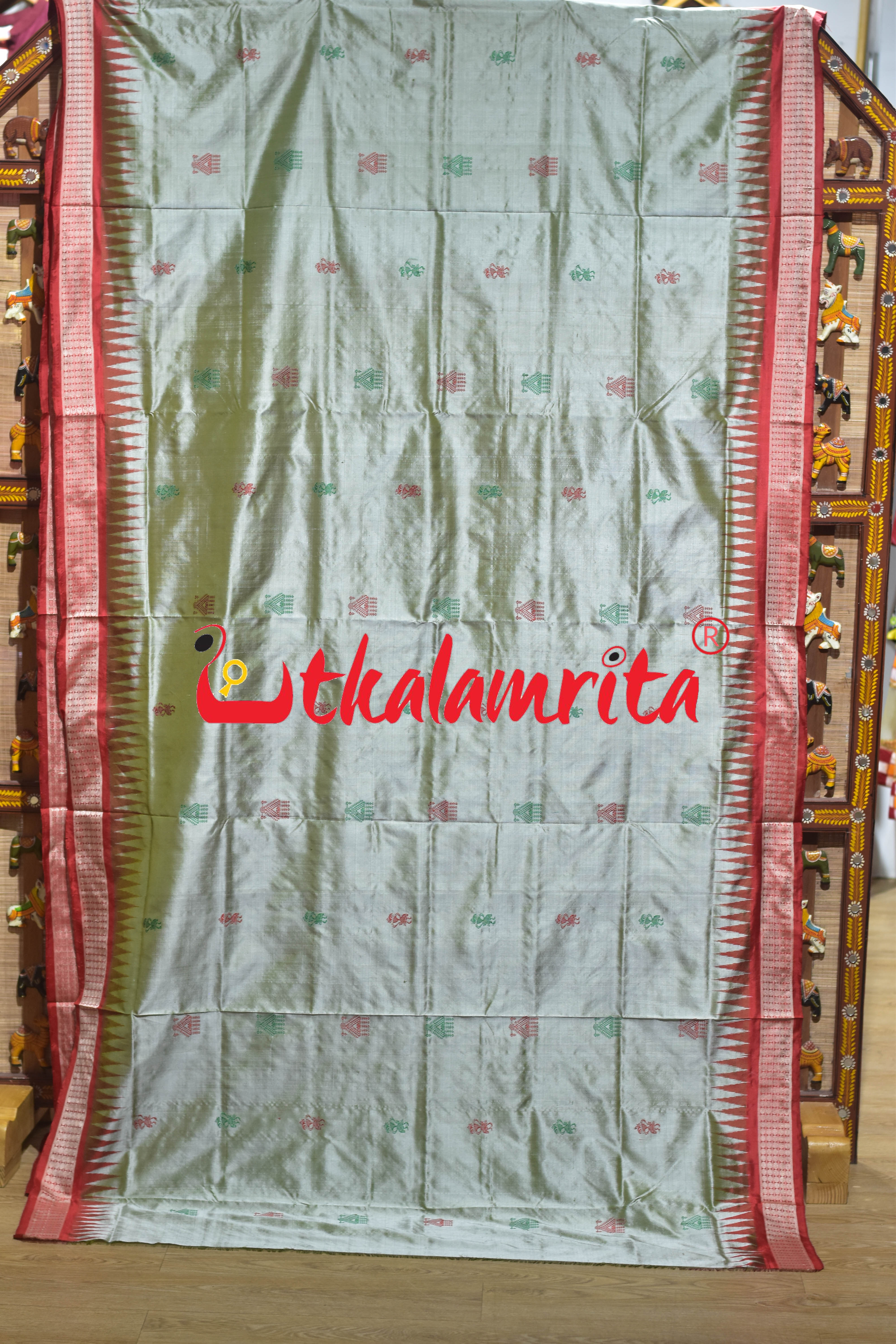 Grey Red Tribal Doll Bomkai Silk Saree