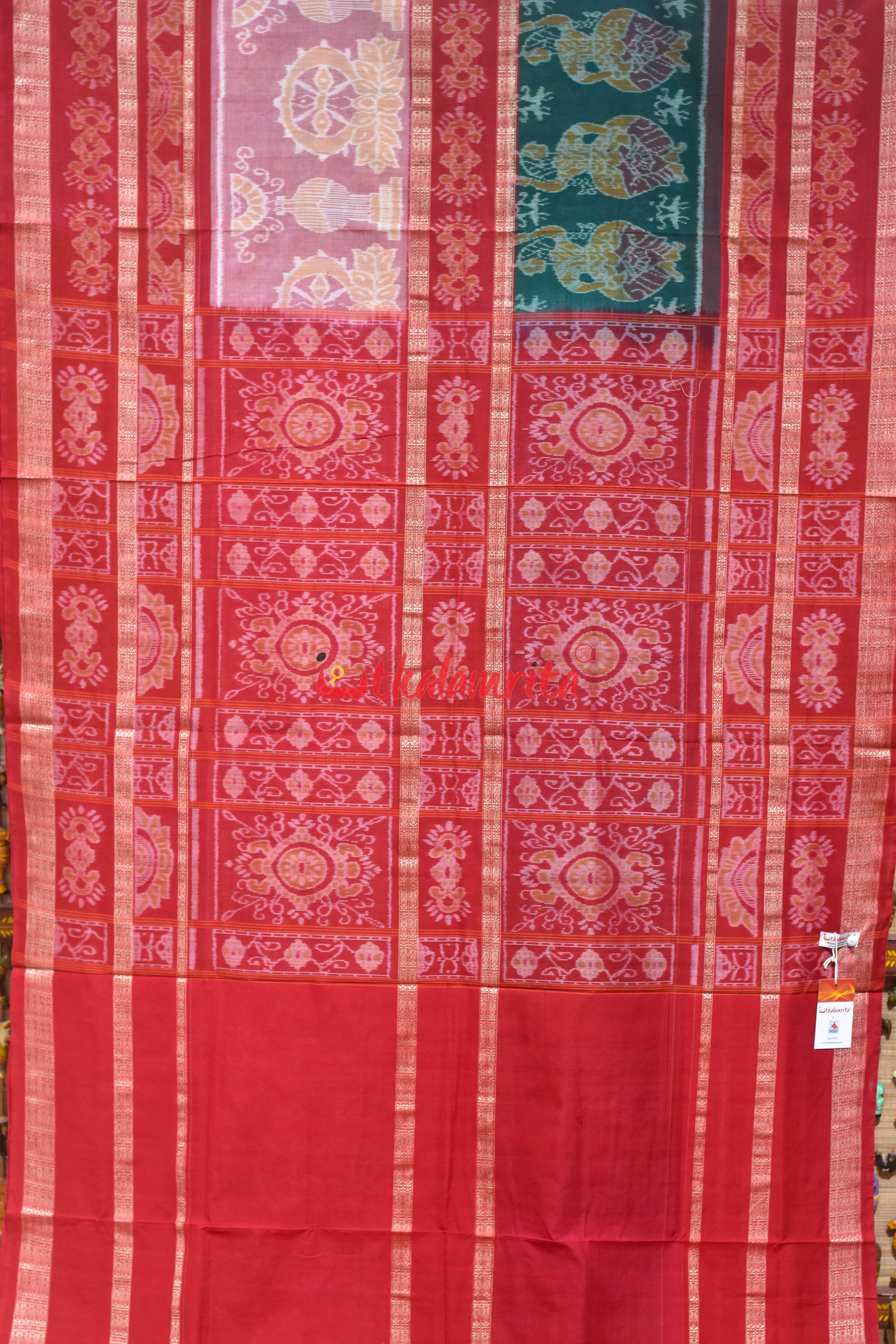 Chakra Nartaki 6D Pink Green Sambalpuri Cotton Saree