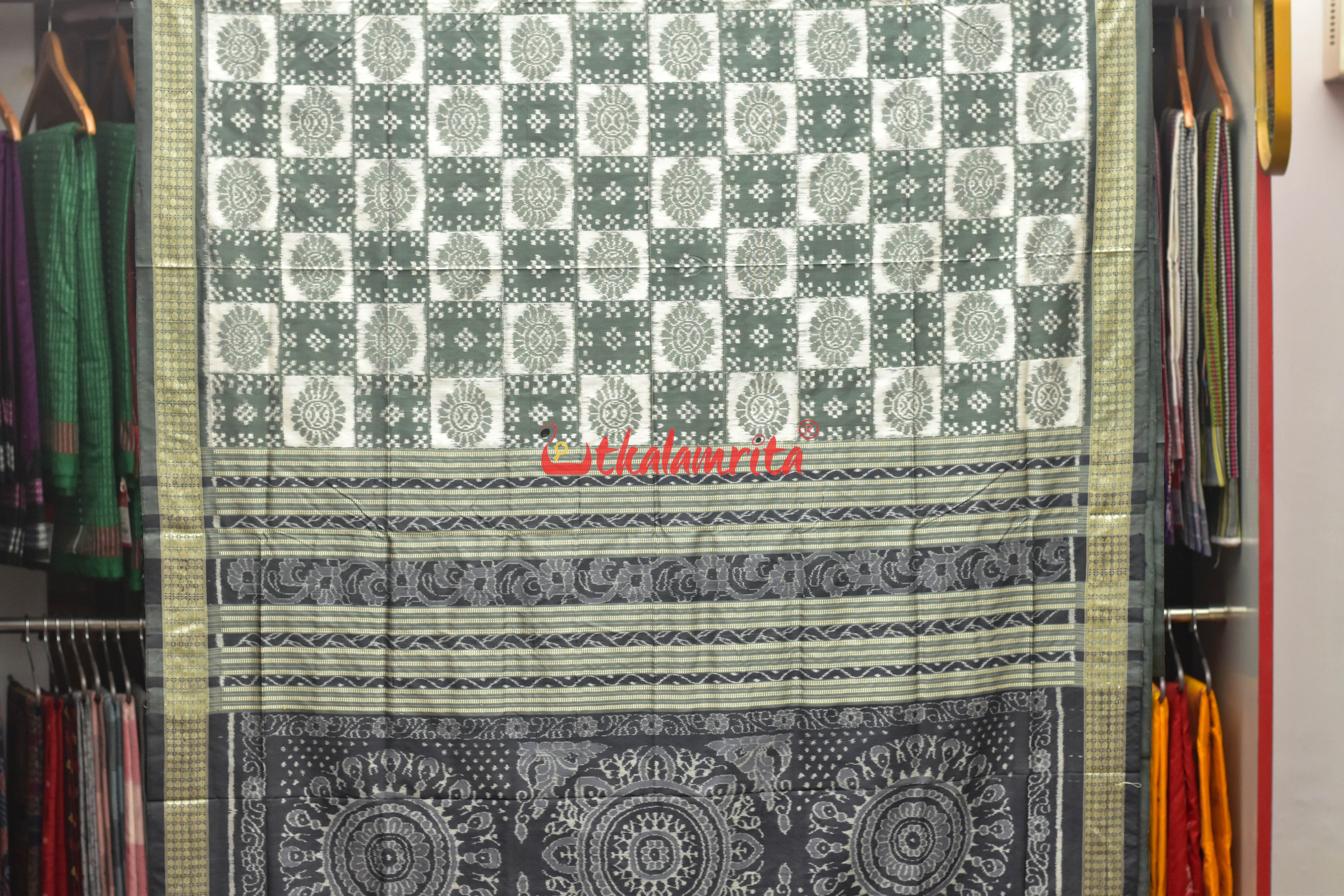 Flint Grey Pasapali Sambalpuri Silk Saree