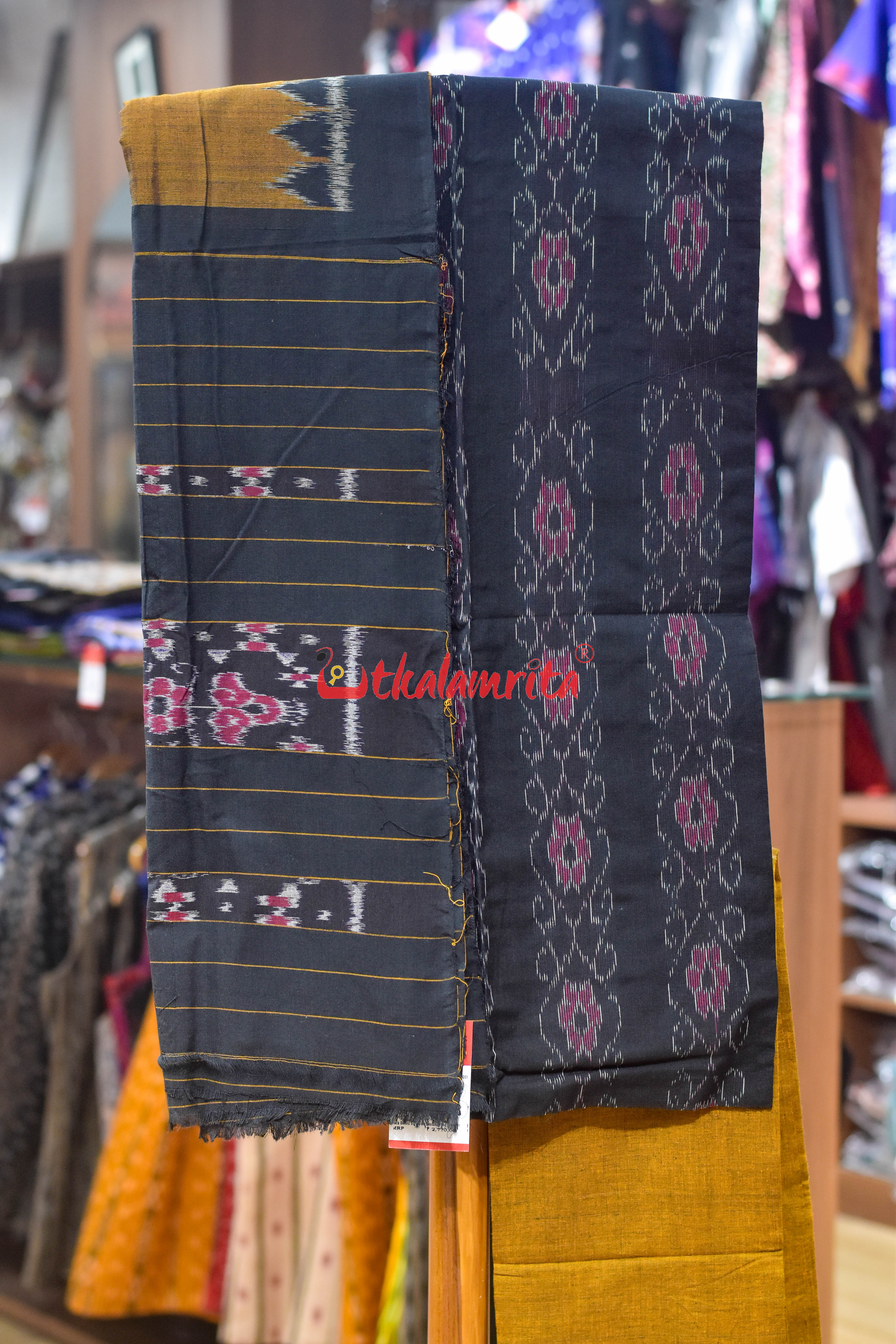 Black Golden Big Flower Bandha Cotton Dress Set