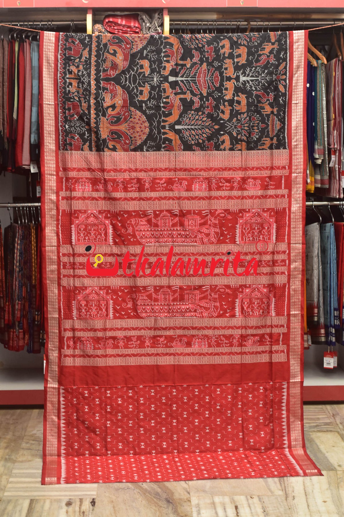 Jungle Black Red Sambalpuri Silk Saree