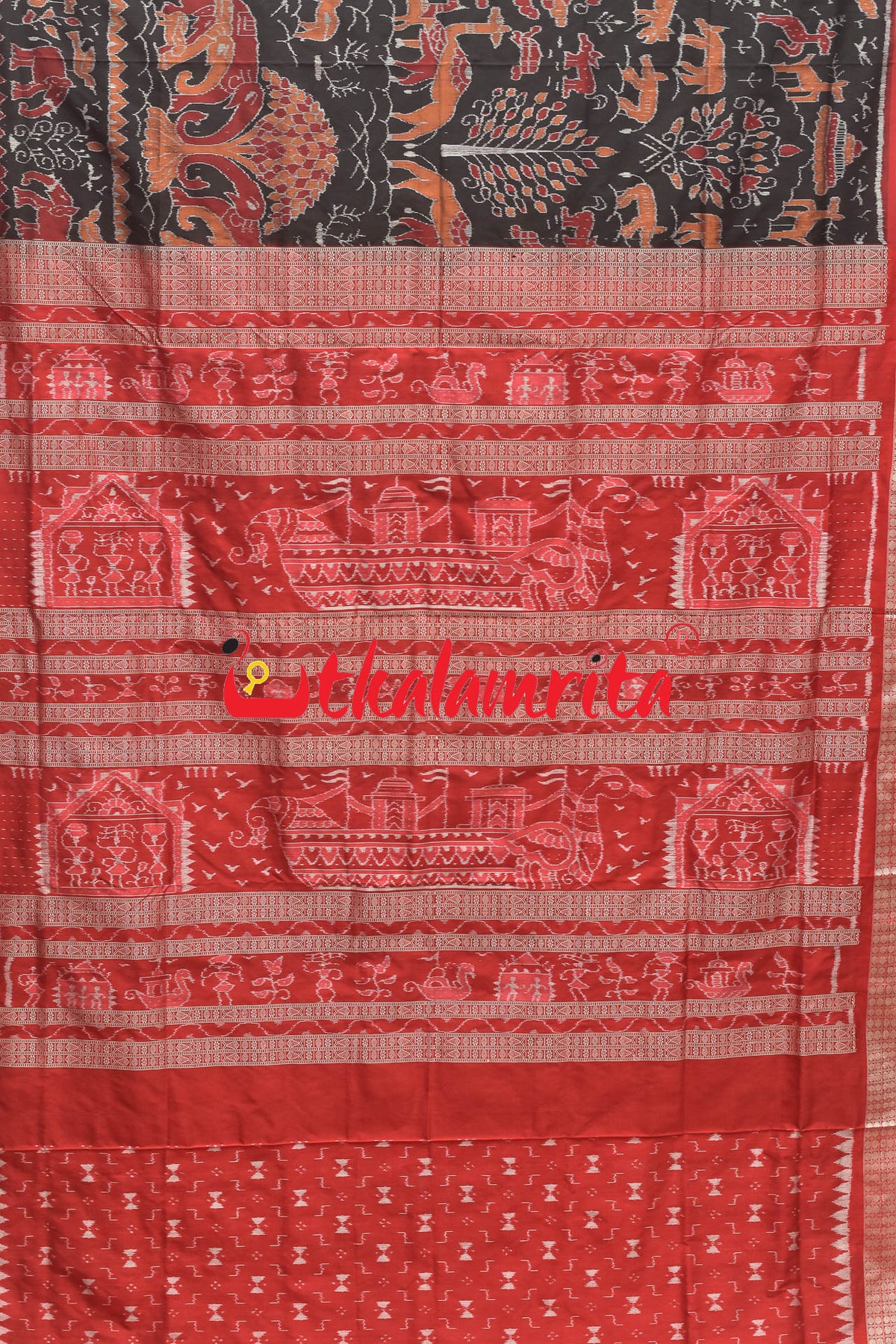 Jungle Black Red Sambalpuri Silk Saree