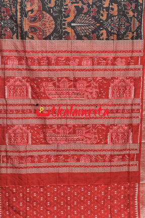 Jungle Black Red Sambalpuri Silk Saree