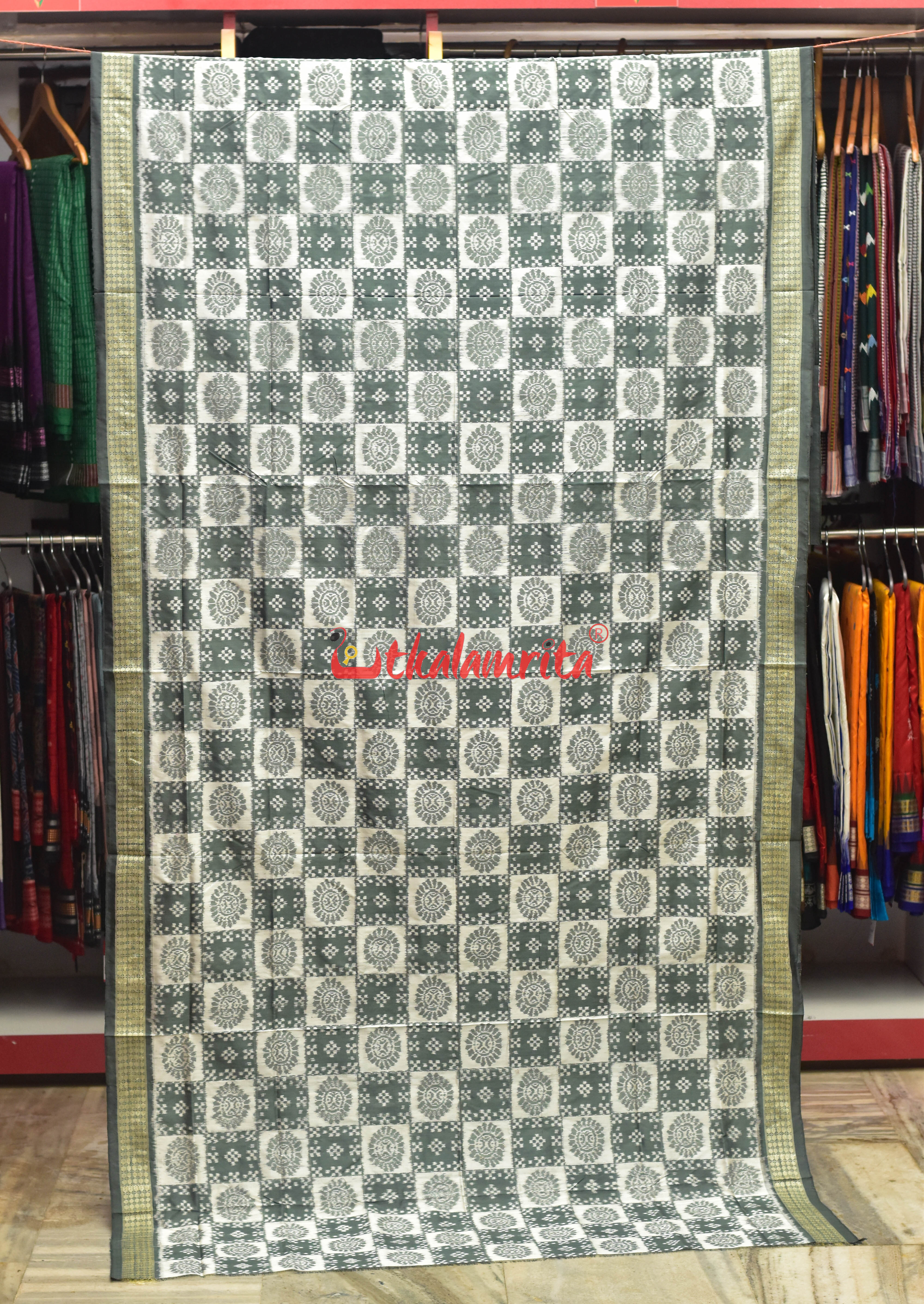 Flint Grey Pasapali Sambalpuri Silk Saree