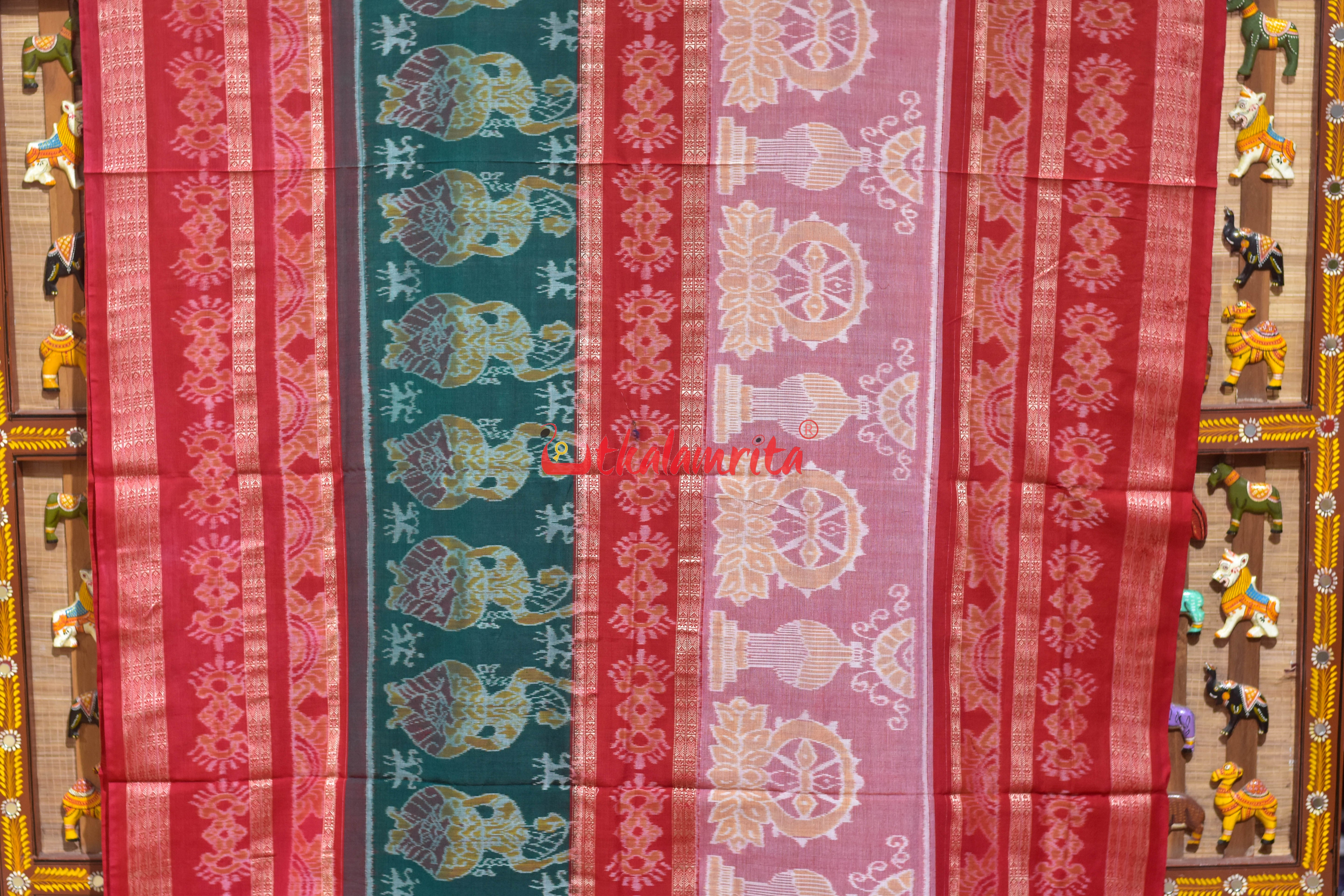 Chakra Nartaki 6D Pink Green Sambalpuri Cotton Saree