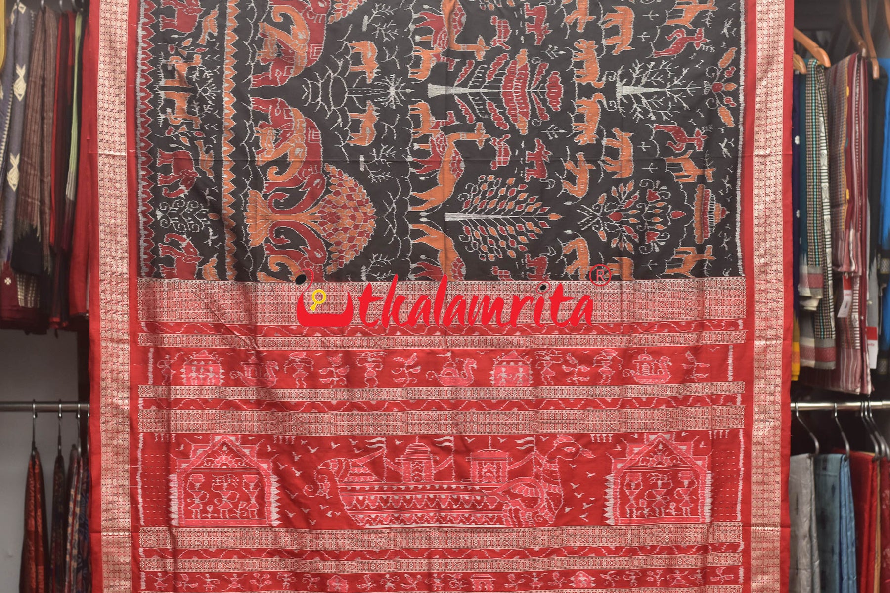 Jungle Black Red Sambalpuri Silk Saree