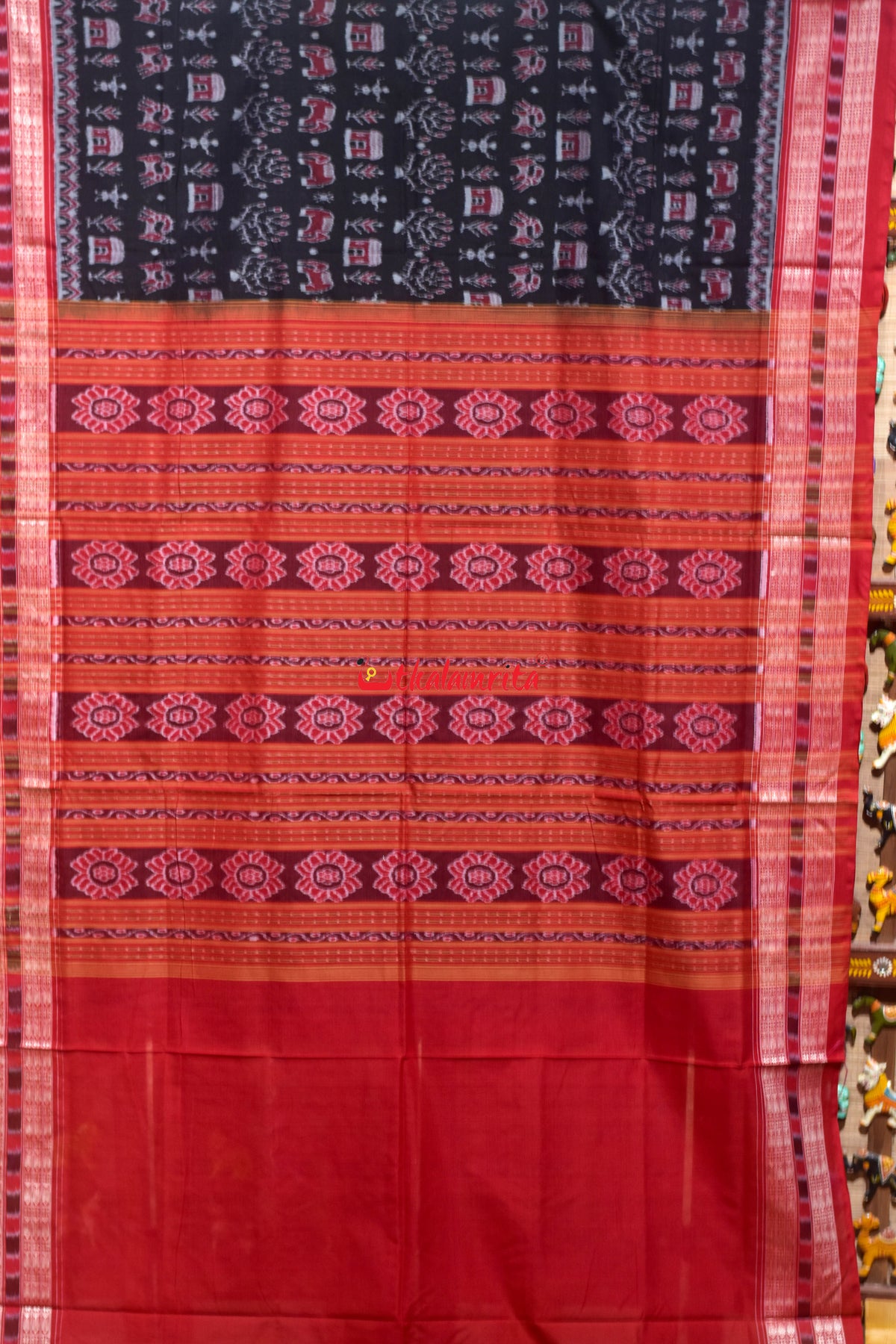 Black Red House Tribal Sambalpuri Cotton Saree