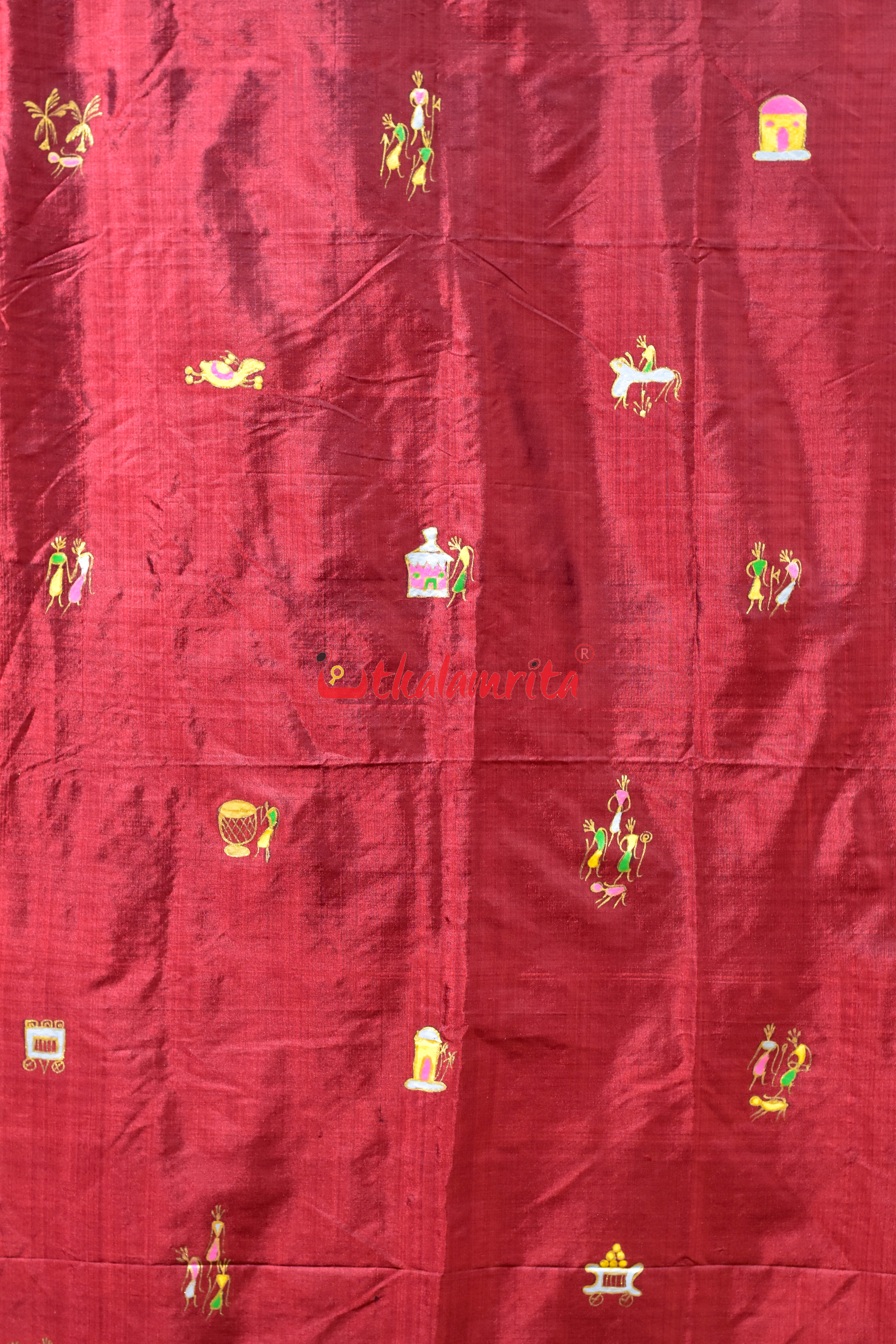 Tribal Handpainted Maroon Silk Stole