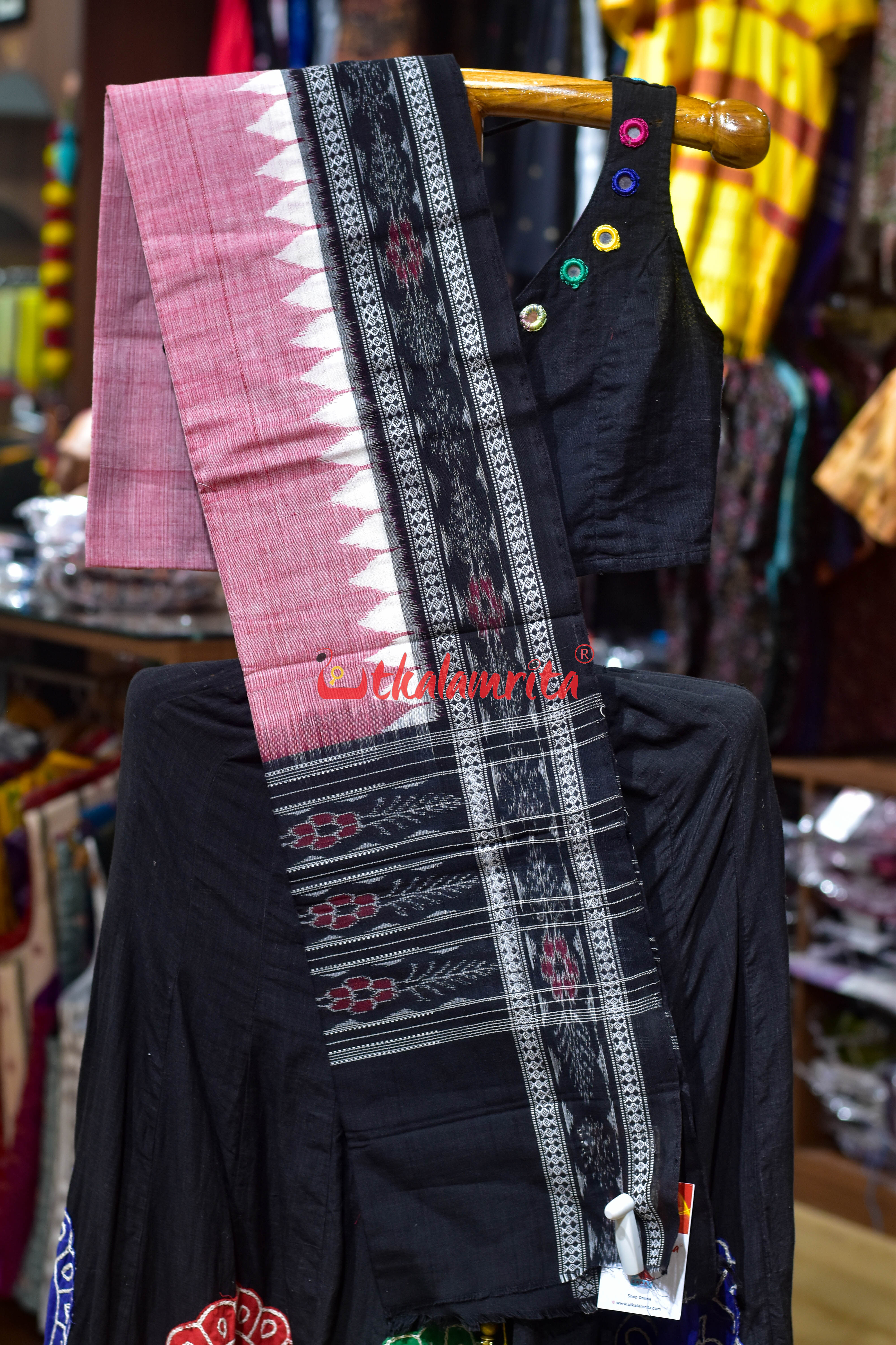 Peach Black Flower Bandha Cotton (Dupatta)