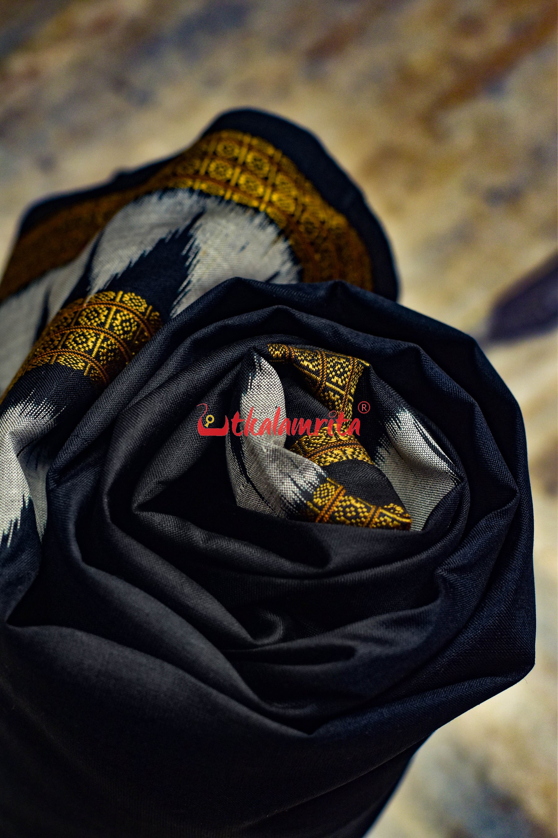 Black with Kumbha Border Khandua Silk (Fabric)