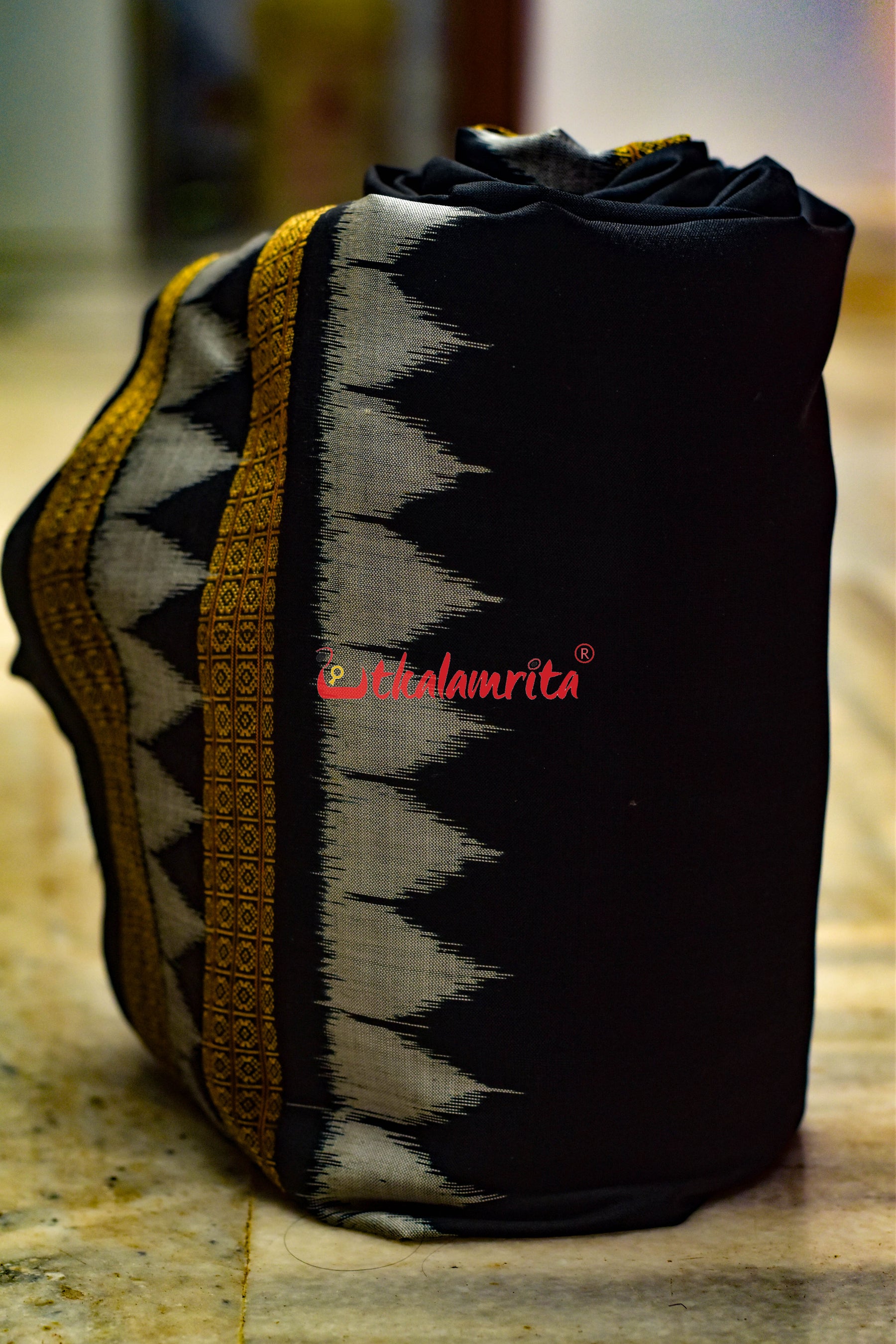 Black with Kumbha Border Khandua Silk (Fabric)