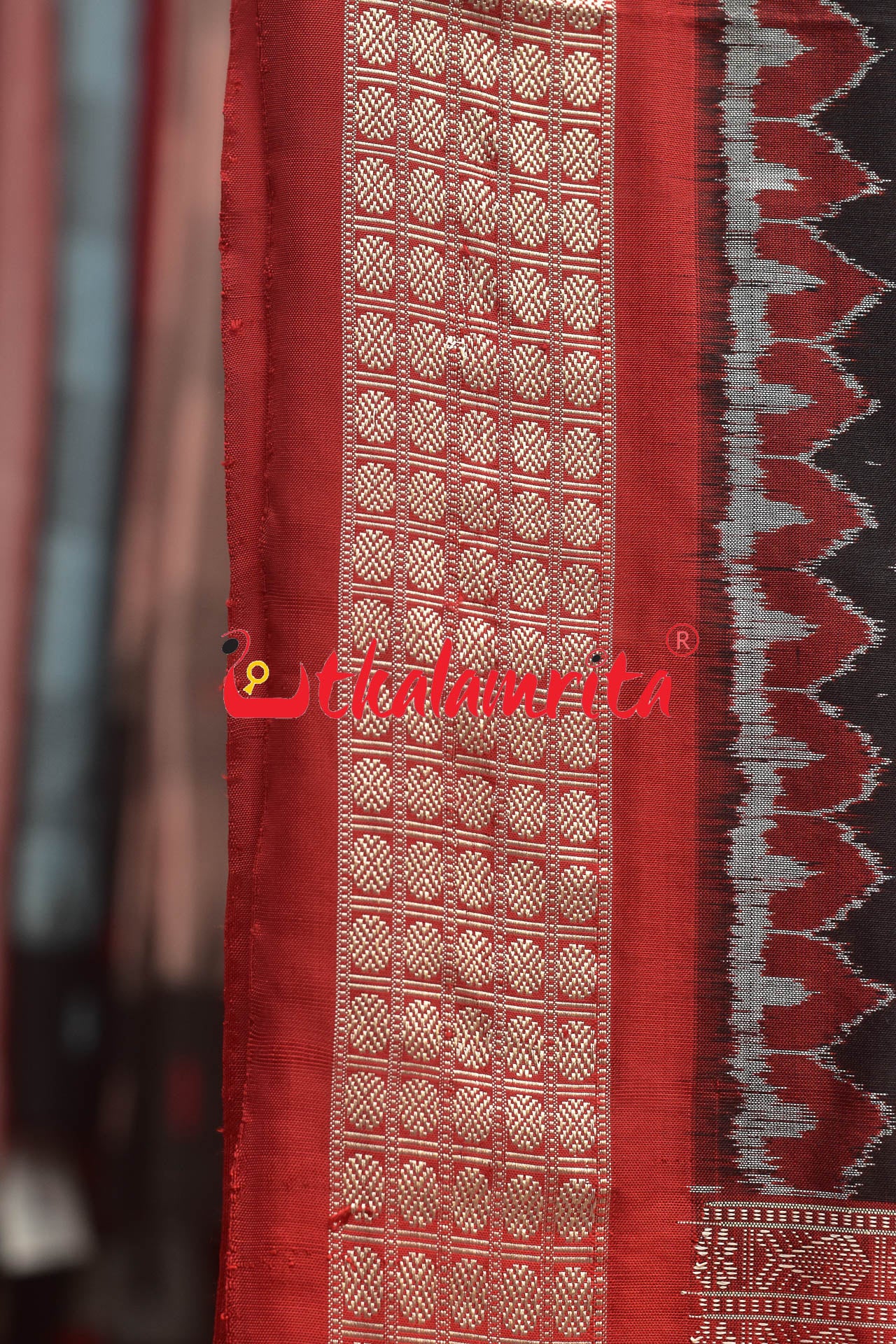 Jungle Black Red Sambalpuri Silk Saree