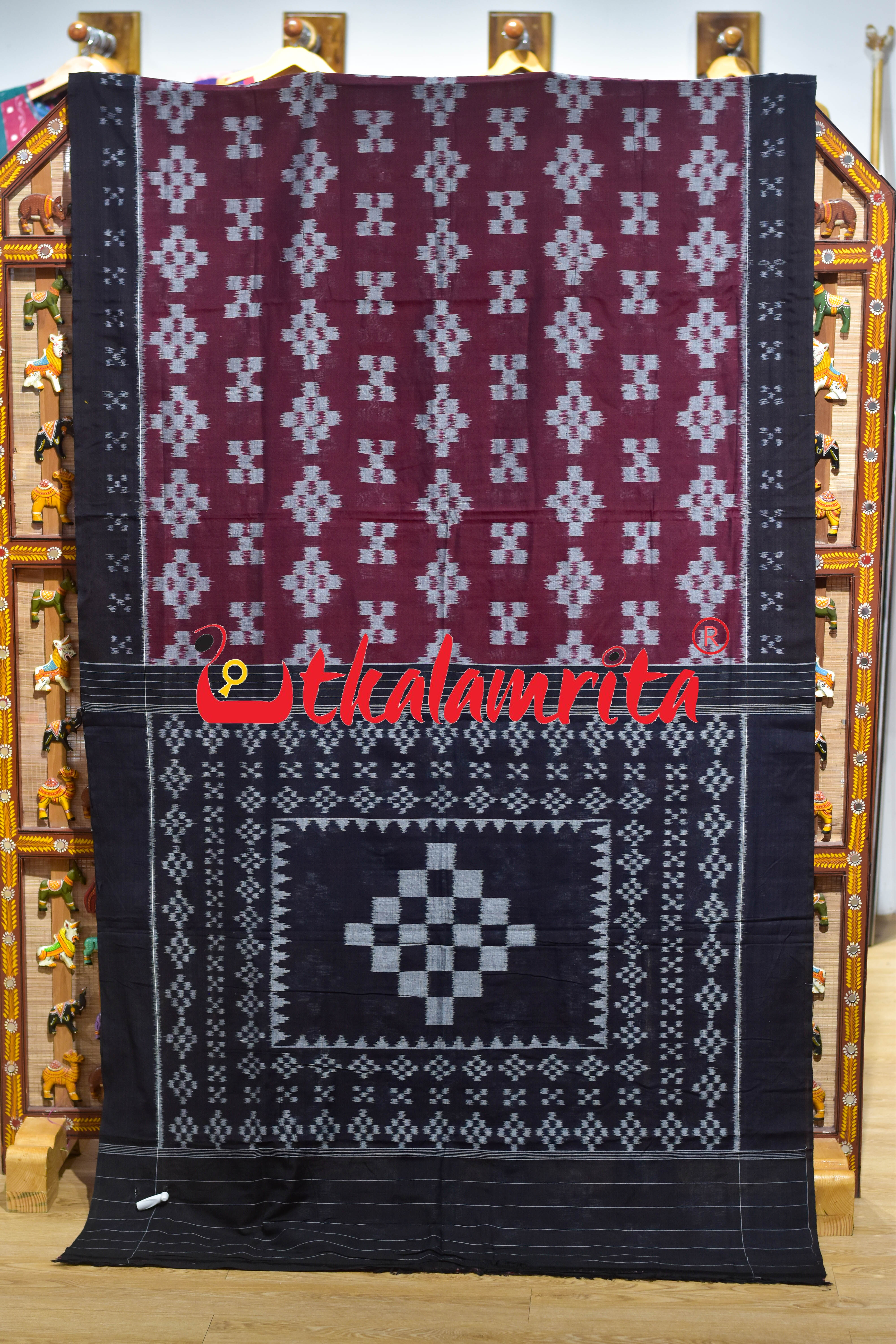 Maroon Black Body Pasapali Khandua Cotton Saree