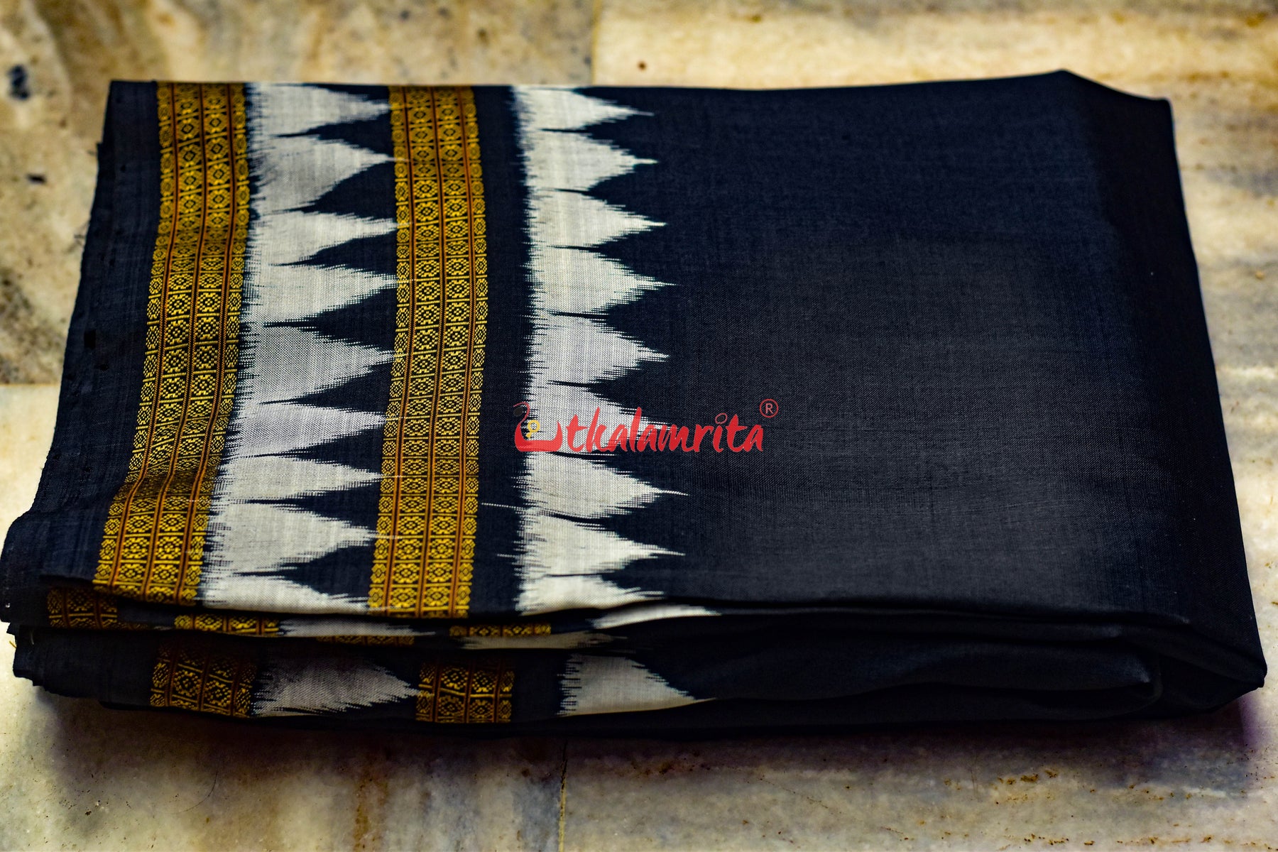 Black with Kumbha Border Khandua Silk (Fabric)