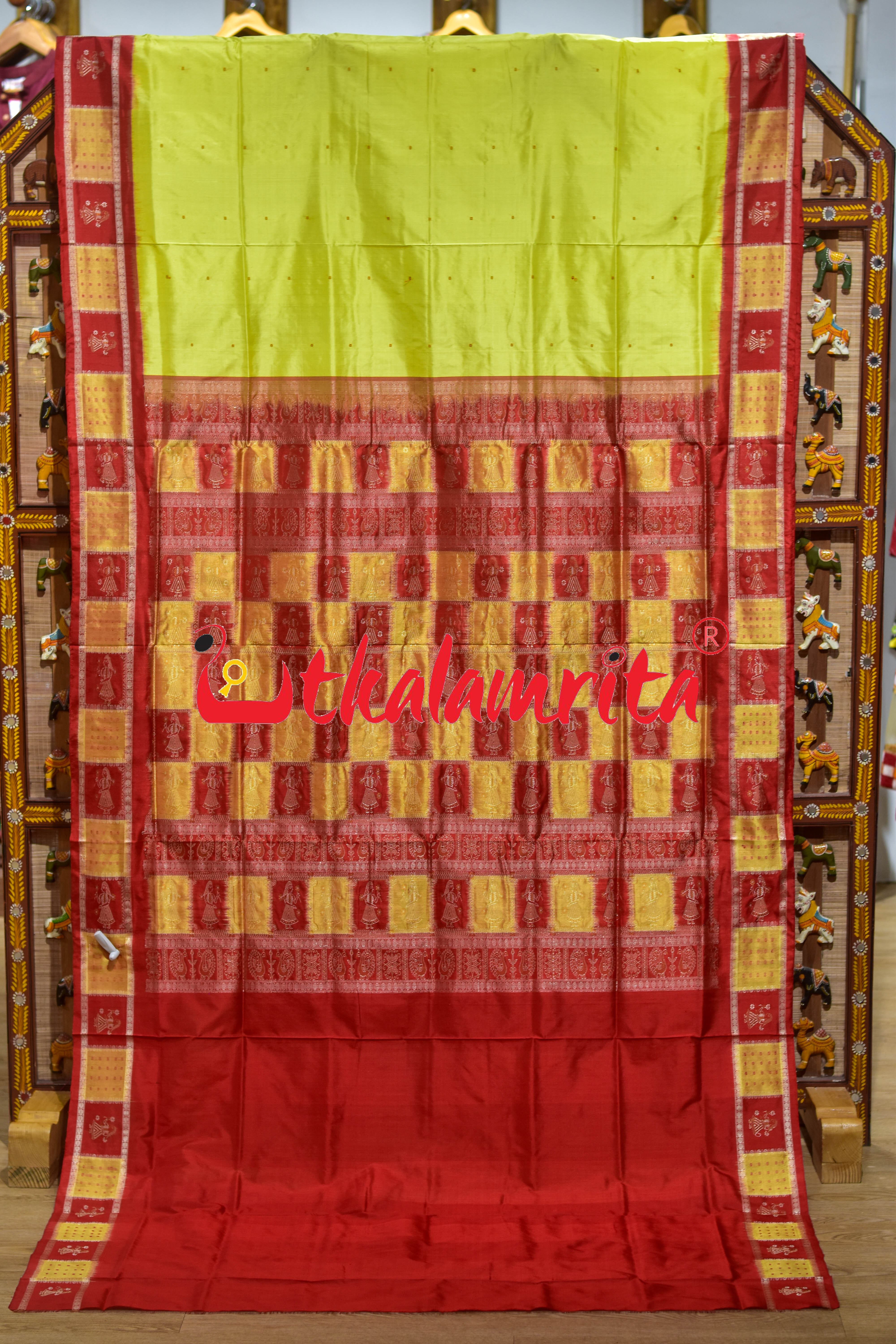 Lemon Yellow Red Doll Border Bomkai Silk Saree