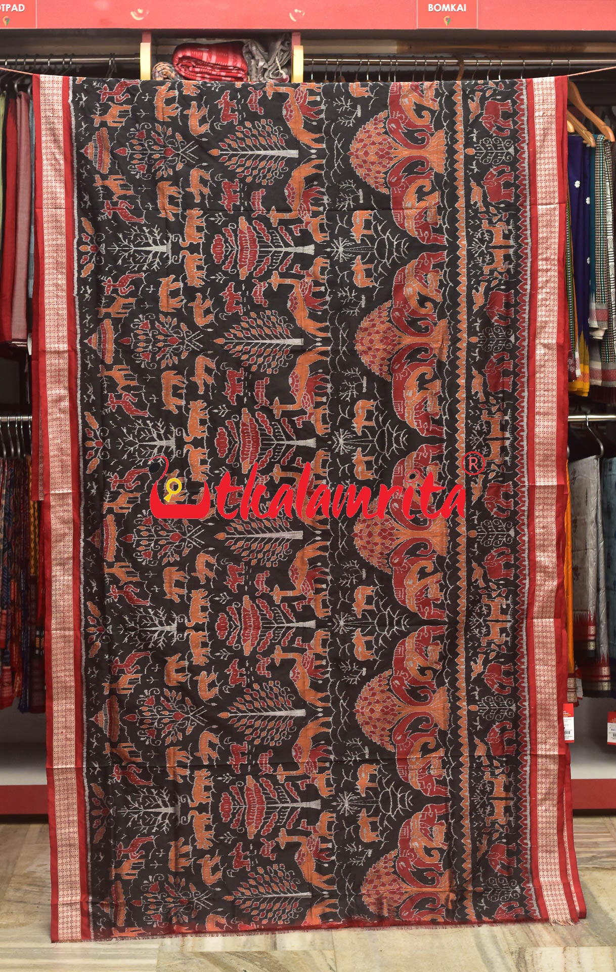 Jungle Black Red Sambalpuri Silk Saree