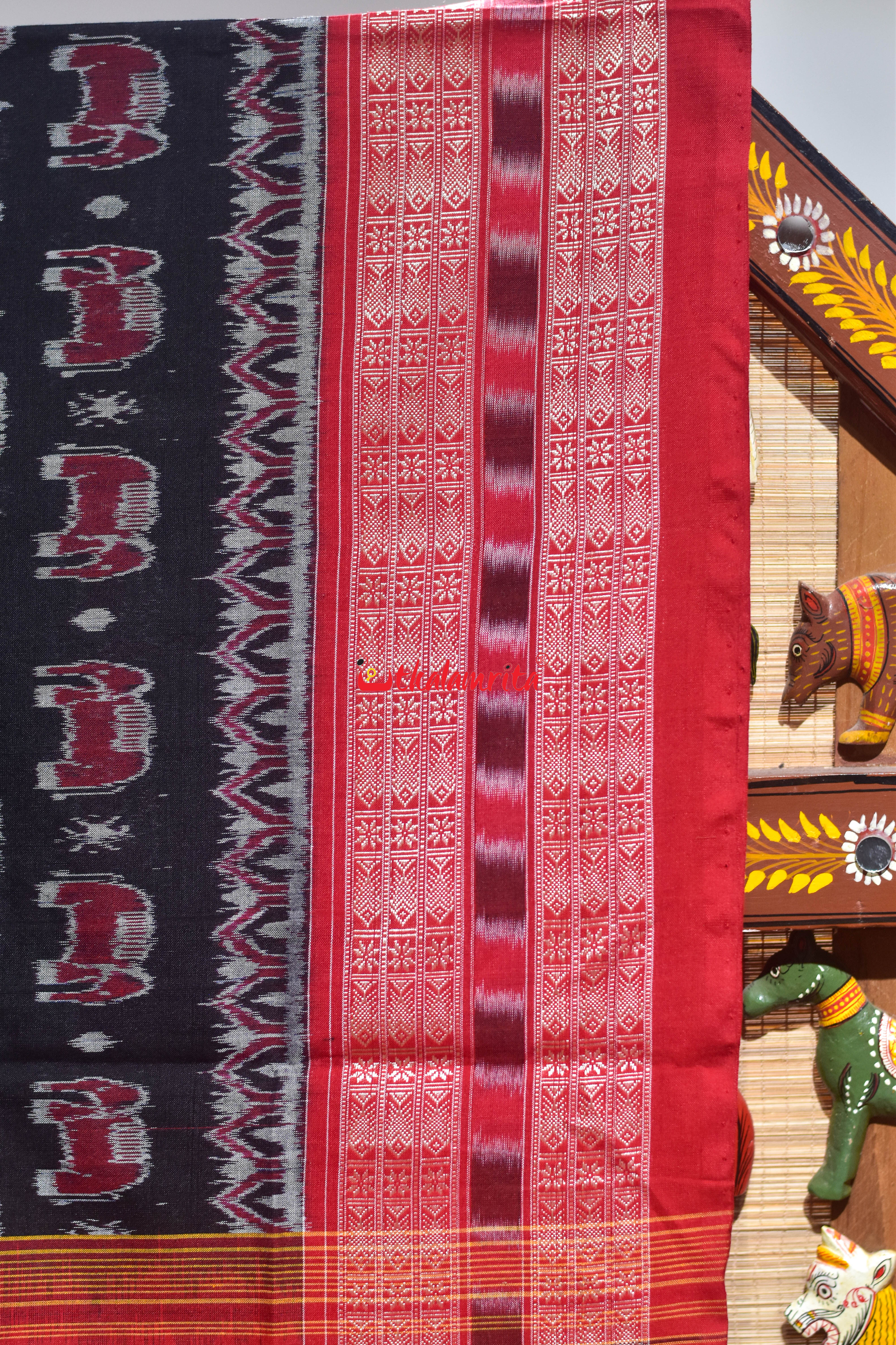 Black Red House Tribal Sambalpuri Cotton Saree