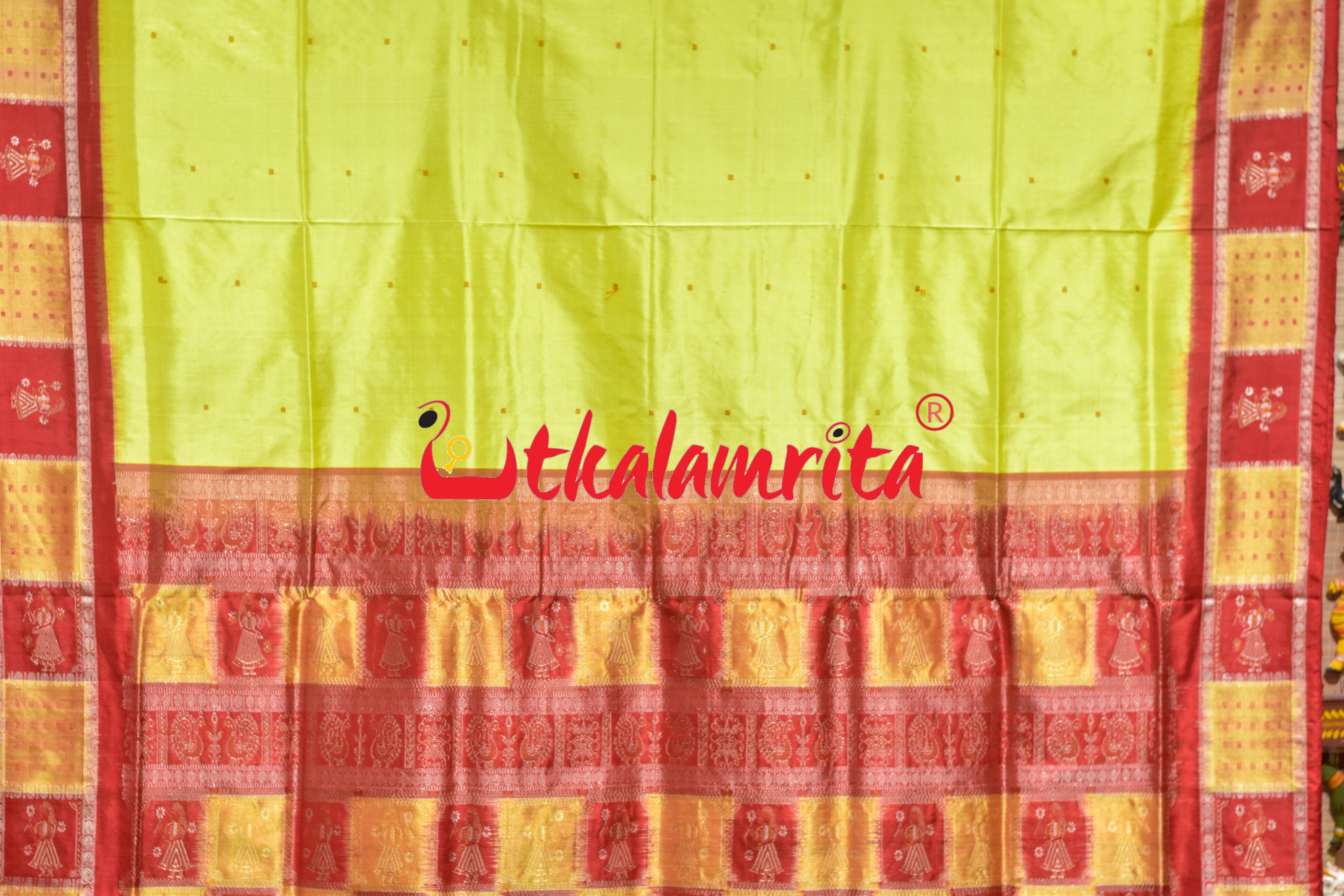 Lemon Yellow Red Doll Border Bomkai Silk Saree