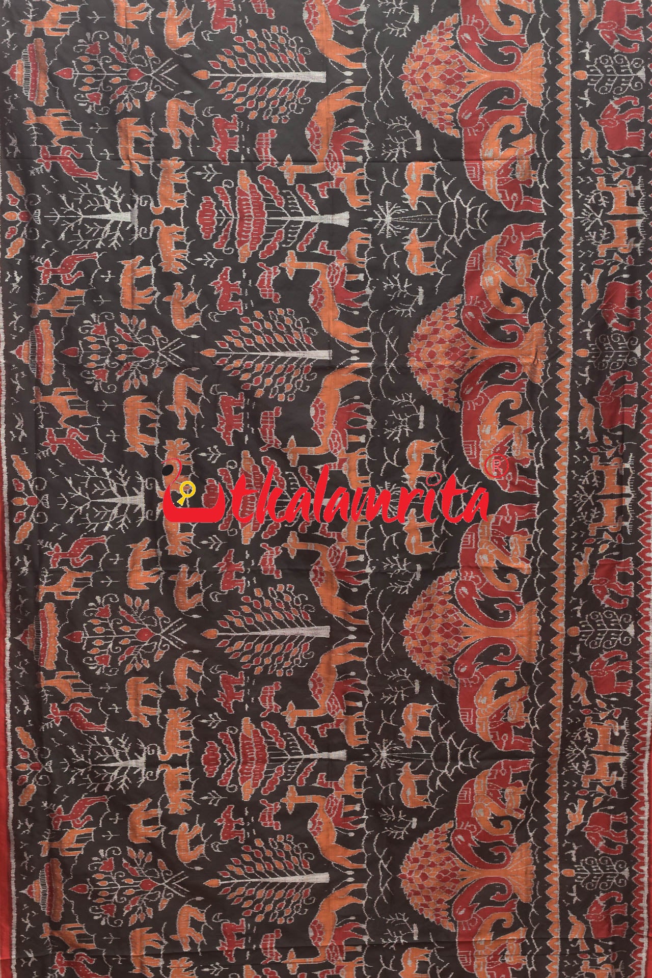 Jungle Black Red Sambalpuri Silk Saree