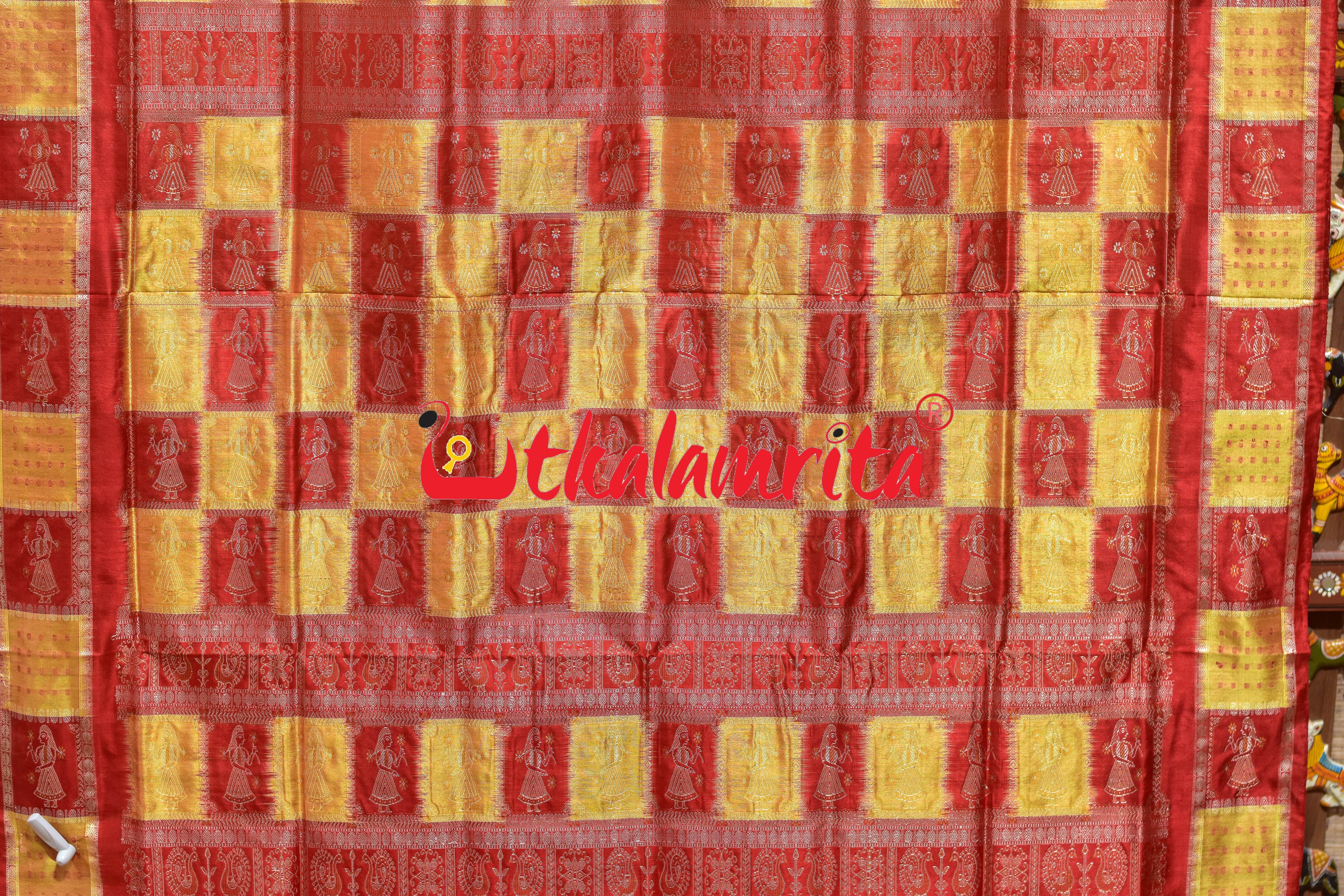Lemon Yellow Red Doll Border Bomkai Silk Saree