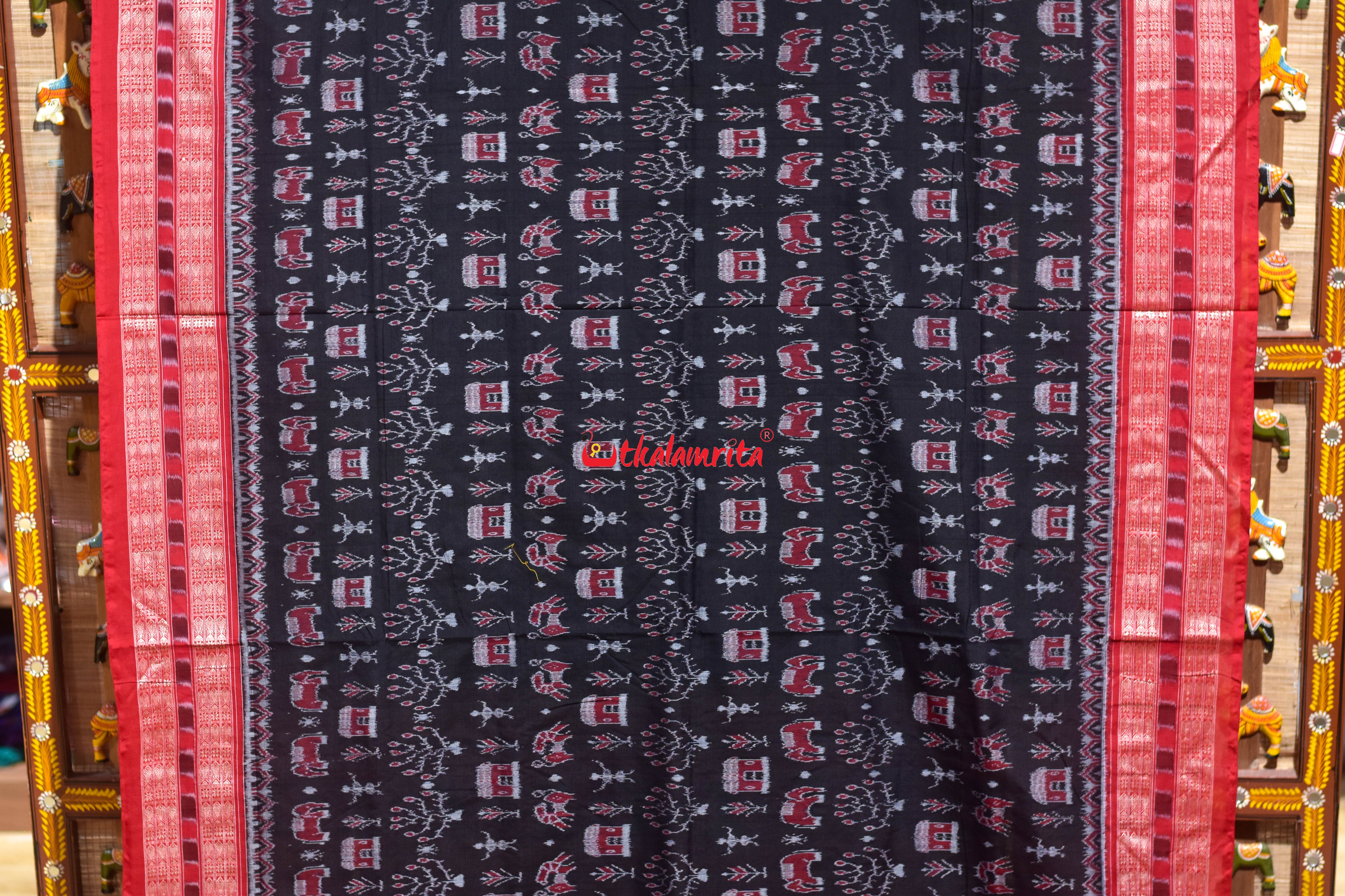 Black Red House Tribal Sambalpuri Cotton Saree