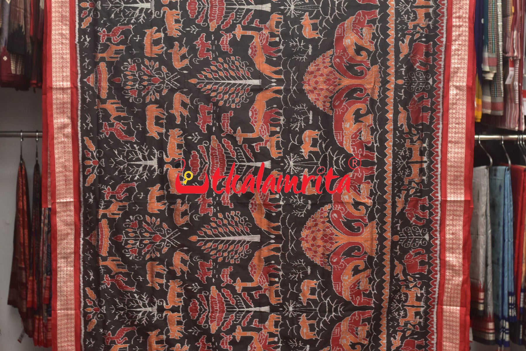 Jungle Black Red Sambalpuri Silk Saree