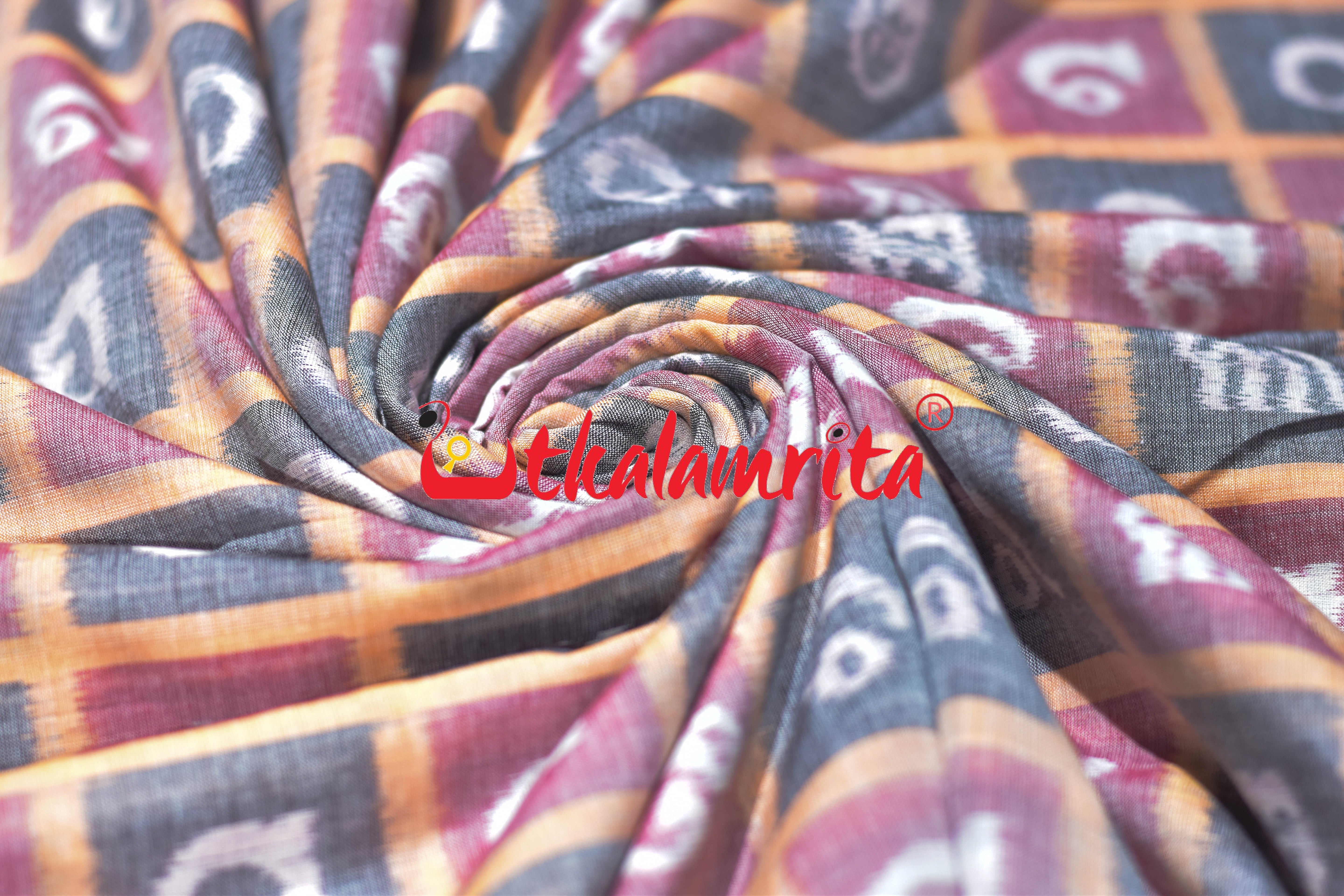 Grey Red Odia Alphabets Sambalpuri Cotton (Fabric)