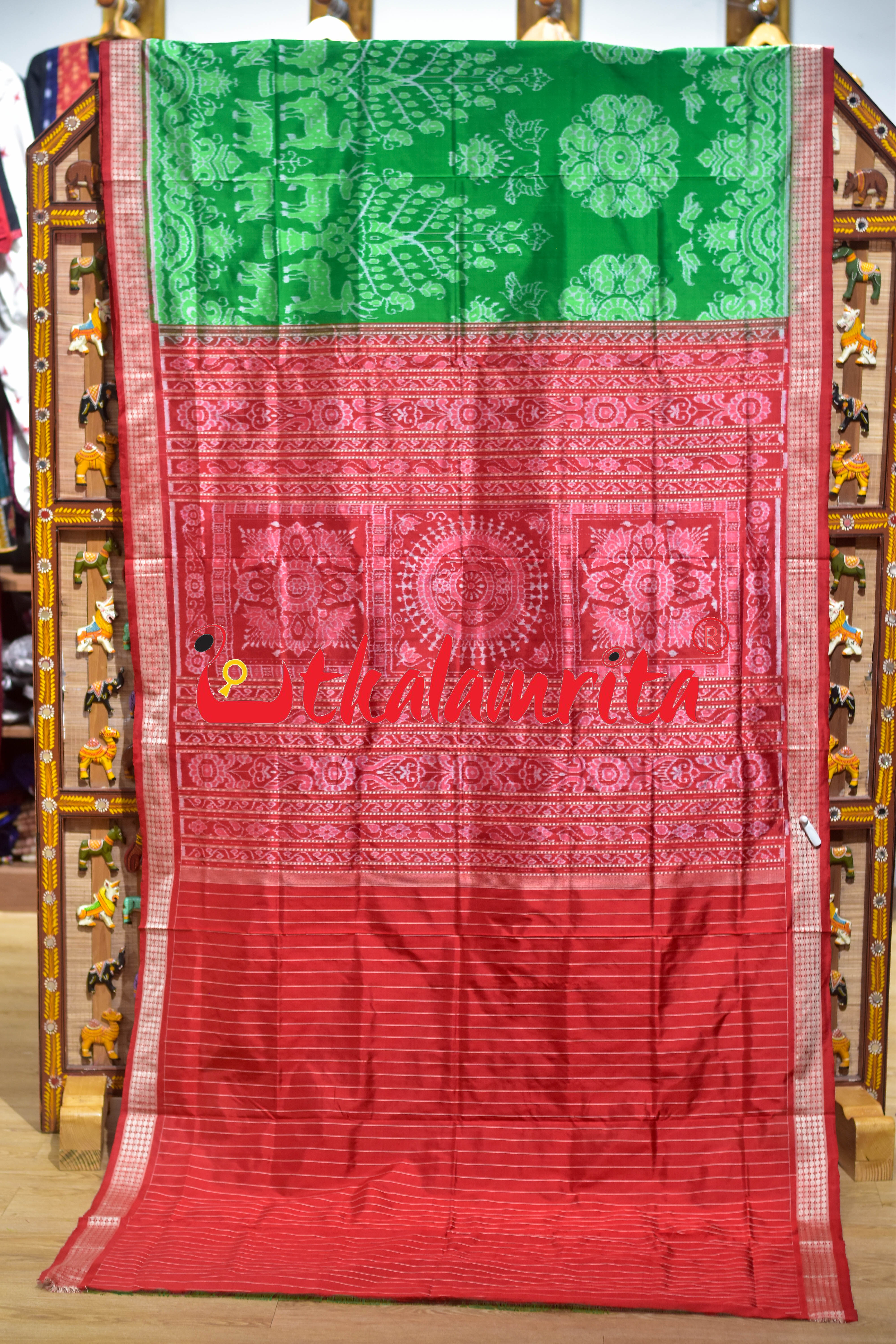 Green Red Deer Theme Sambalpuri Silk Saree