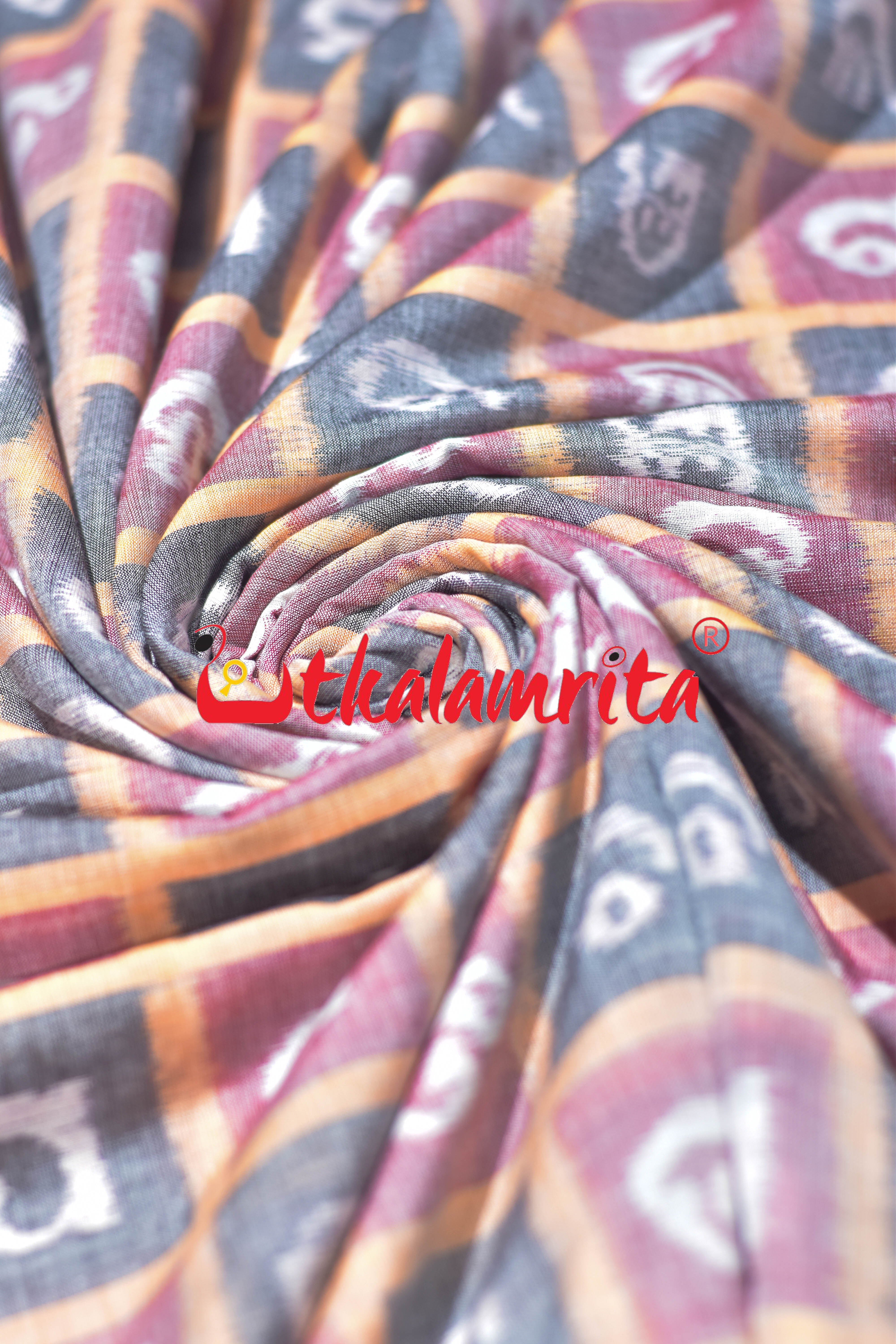 Grey Red Odia Alphabets Sambalpuri Cotton (Fabric)