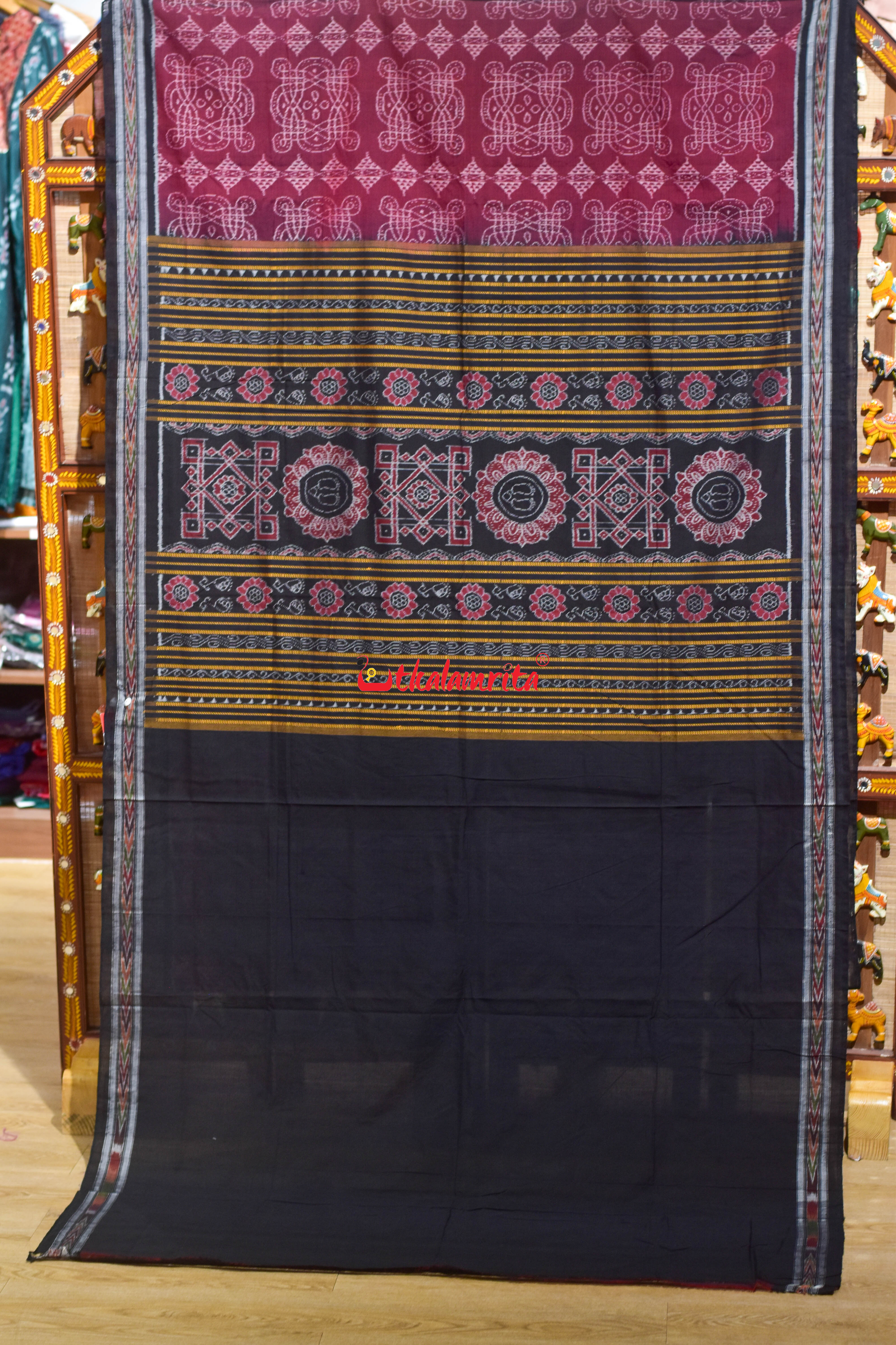 Maroon Black Nua Jhudi Sambalpuri Cotton Saree