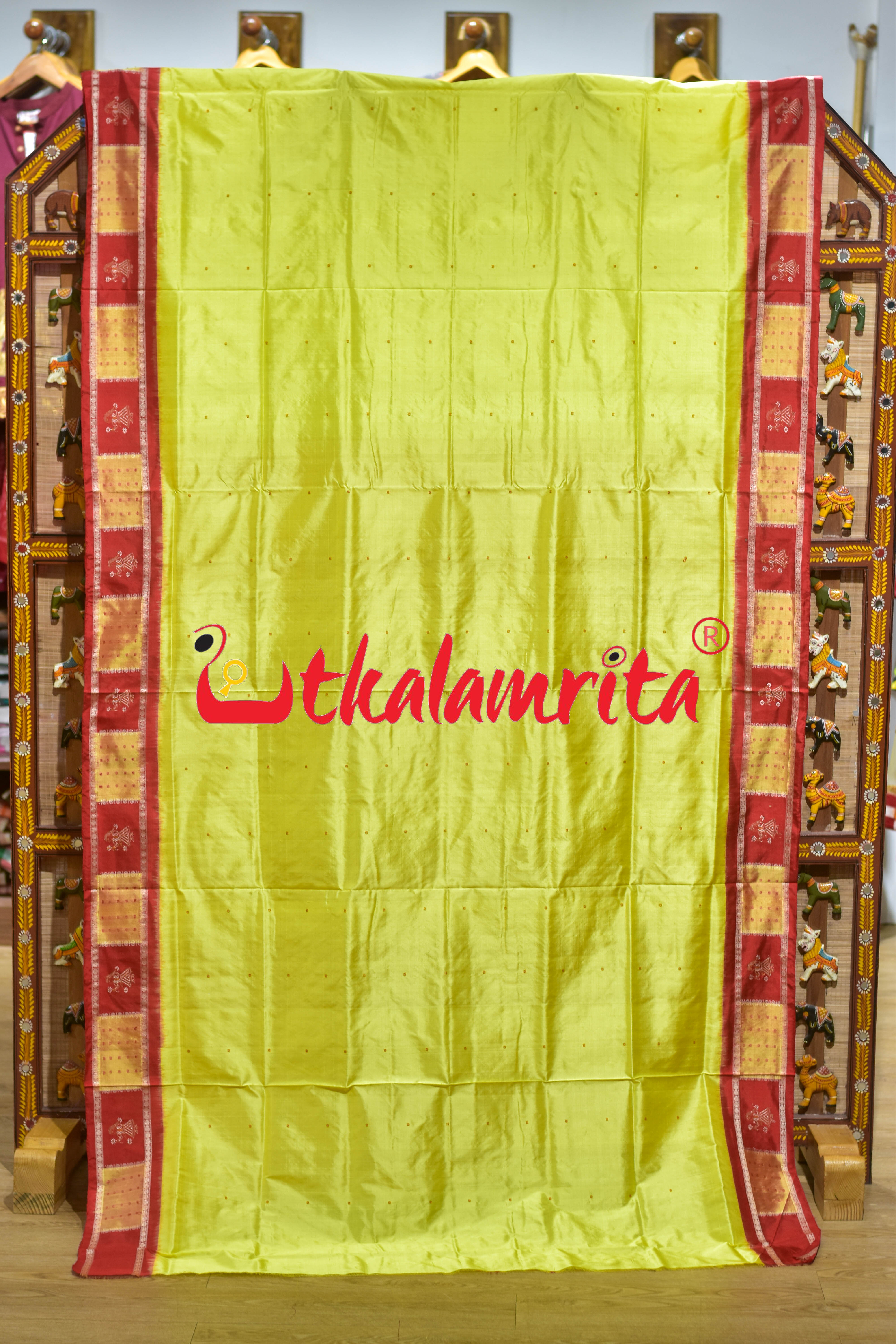 Lemon Yellow Red Doll Border Bomkai Silk Saree