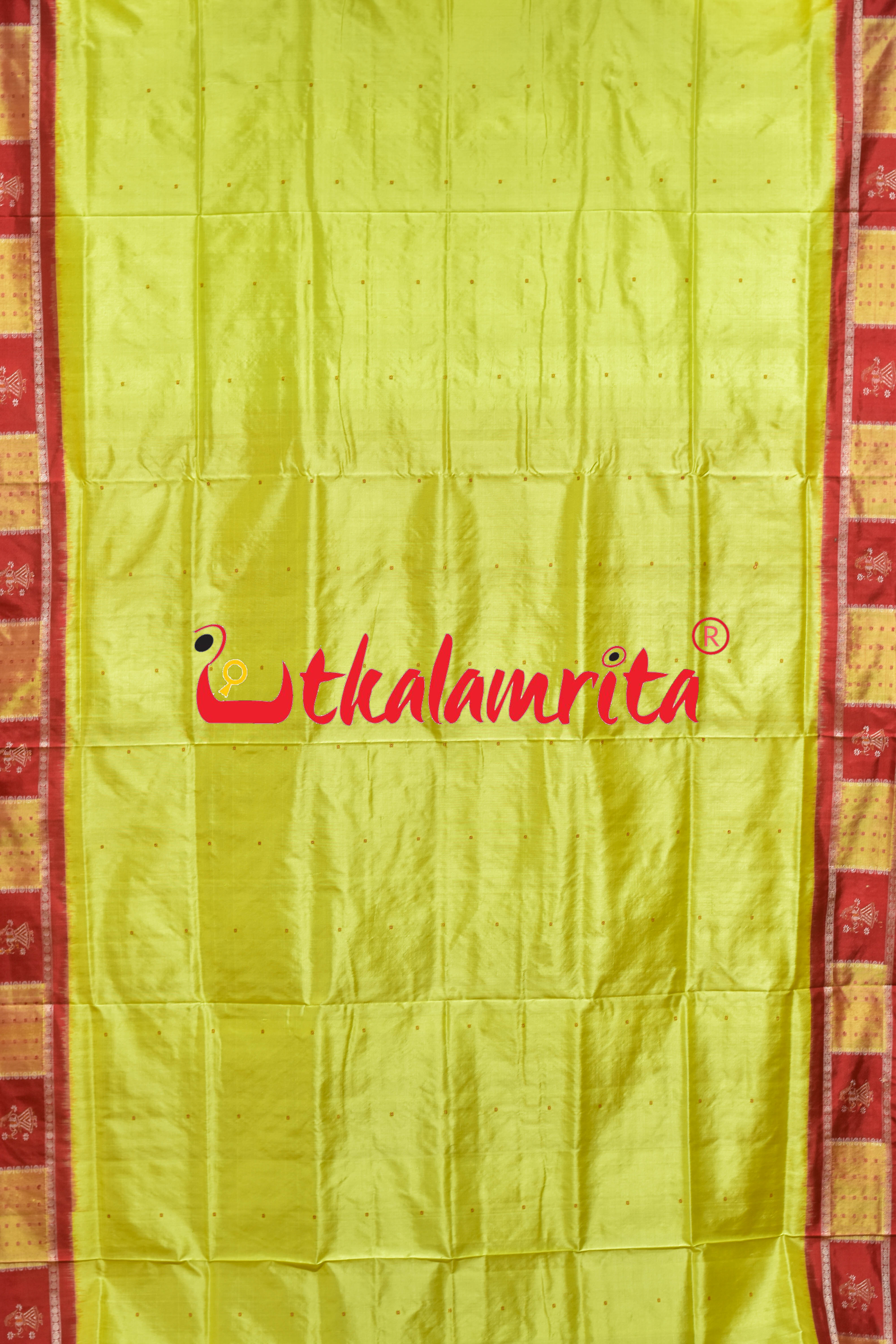 Lemon Yellow Red Doll Border Bomkai Silk Saree