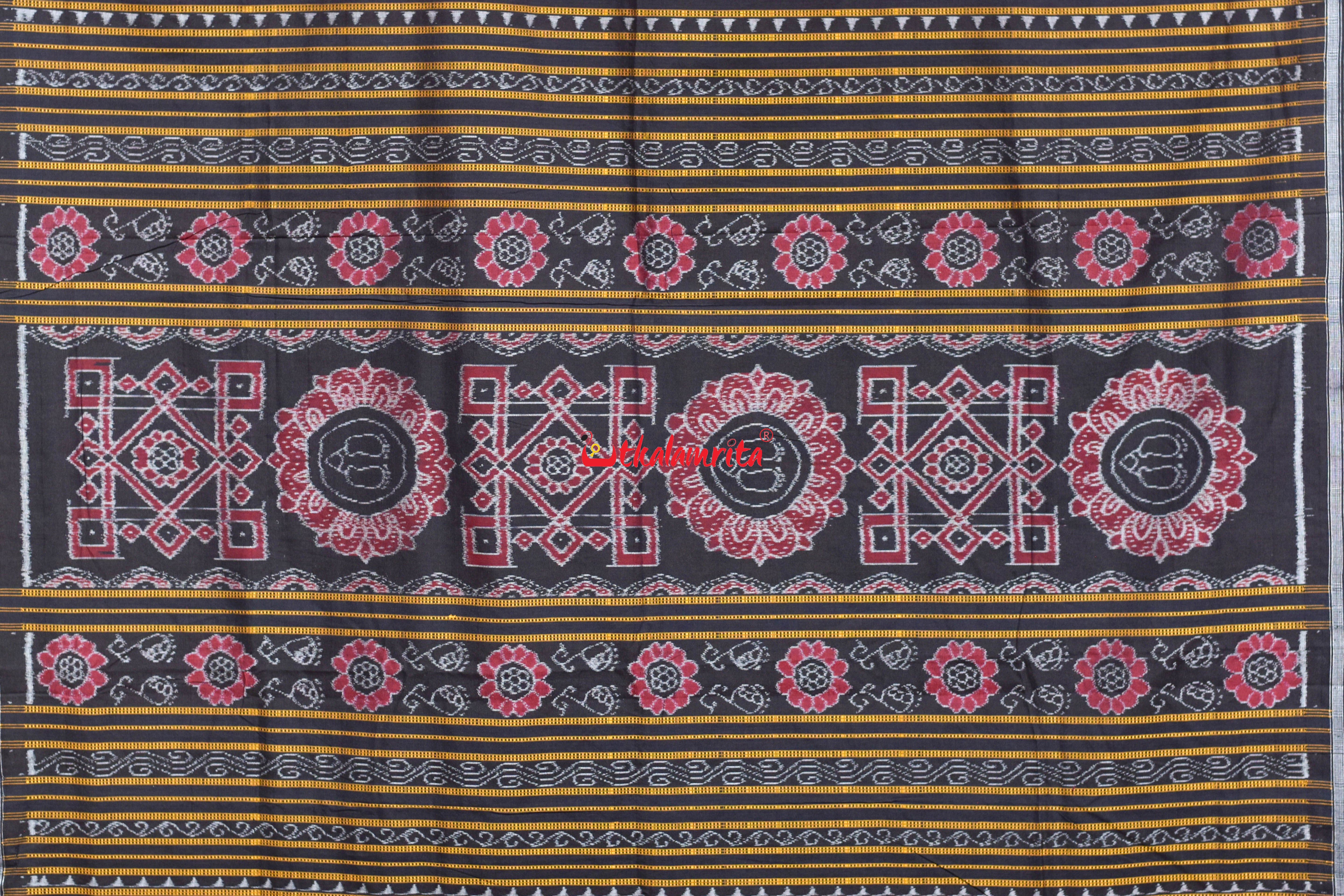 Maroon Black Nua Jhudi Sambalpuri Cotton Saree