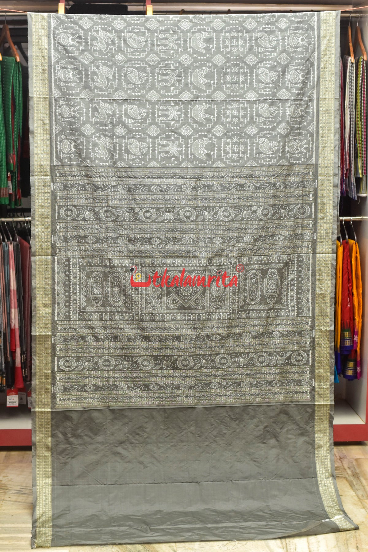 Grey Boita Sankha Sambalpuri Silk Saree