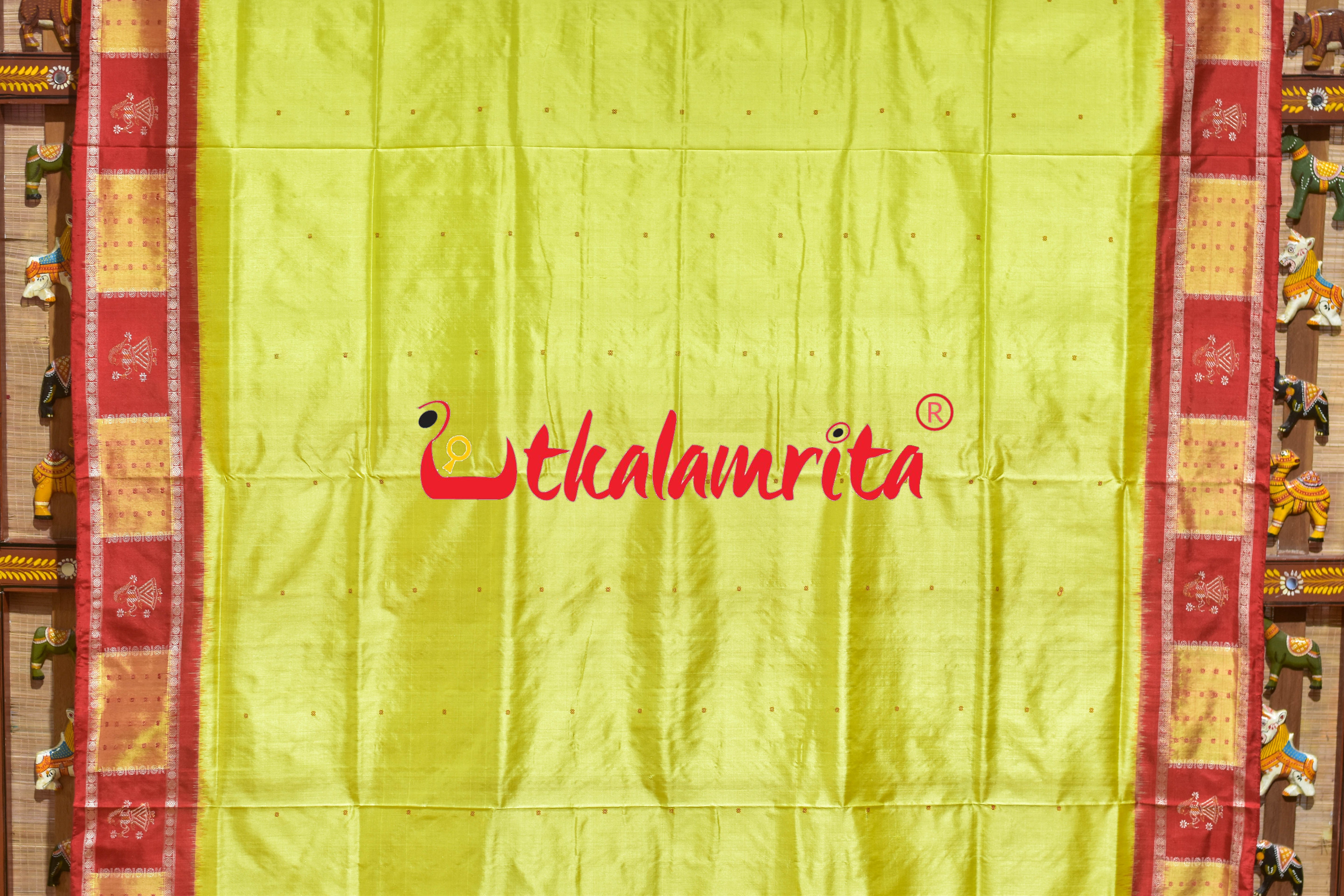 Lemon Yellow Red Doll Border Bomkai Silk Saree